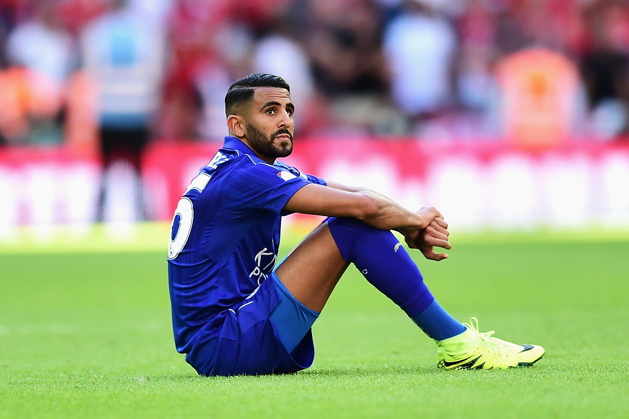 LONDON, ENGLAND - AUGUST 07: Riyad Mahrez of Leicester City show emotion after the final whistle during The FA Community Shield match between Leicester City and Manchester United at Wembley Stadium on August 7, 2016 in London, England.  (Photo by Alex Broadway/Getty Images)