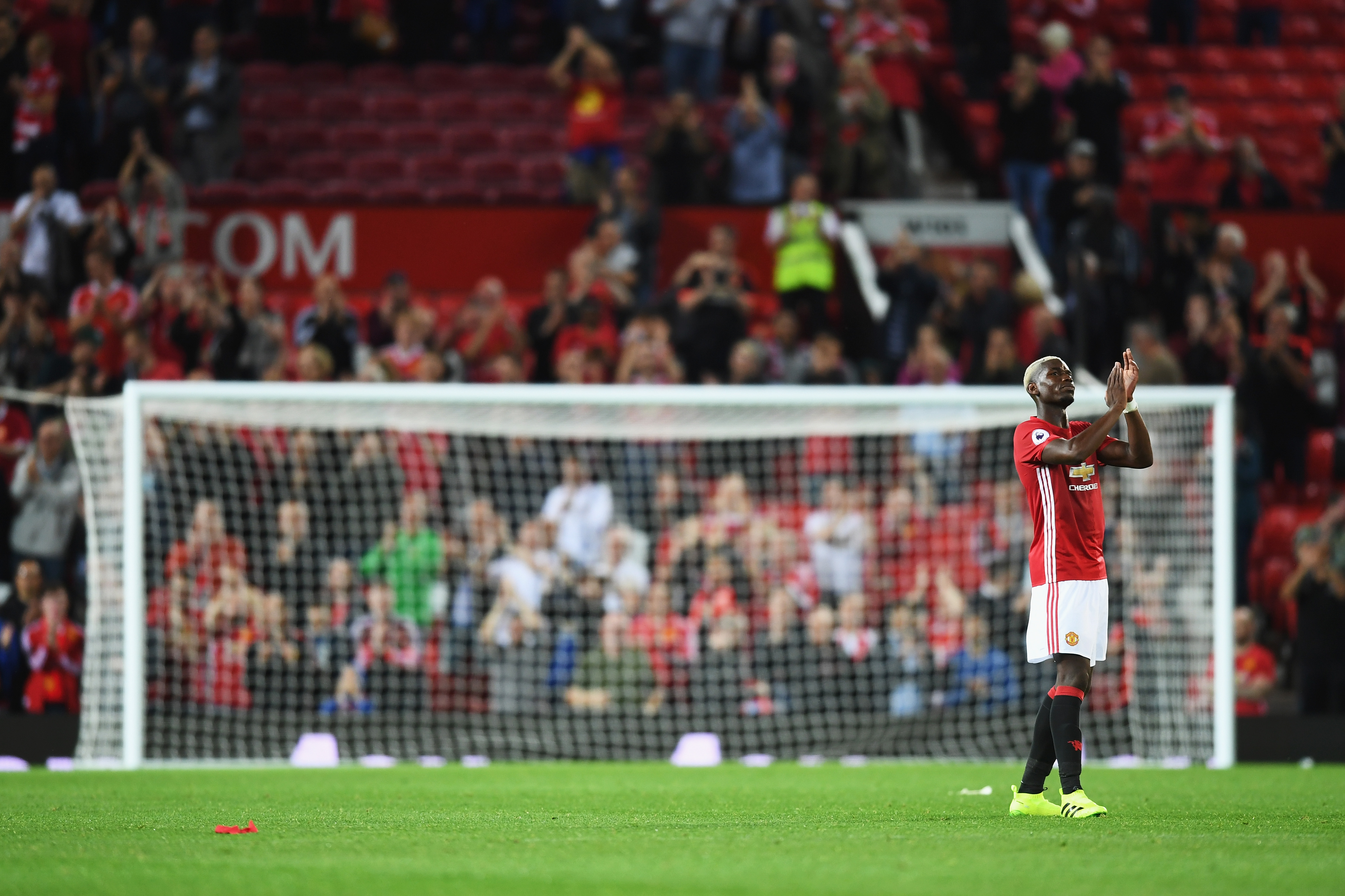 MANCHESTER, ENGLAND - AUGUST 19:  Paul Pogba of Manchester United applauds the fans after the Premier League match between Manchester United and Southampton at Old Trafford on August 19, 2016 in Manchester, England.  (Photo by Michael Regan/Getty Images)