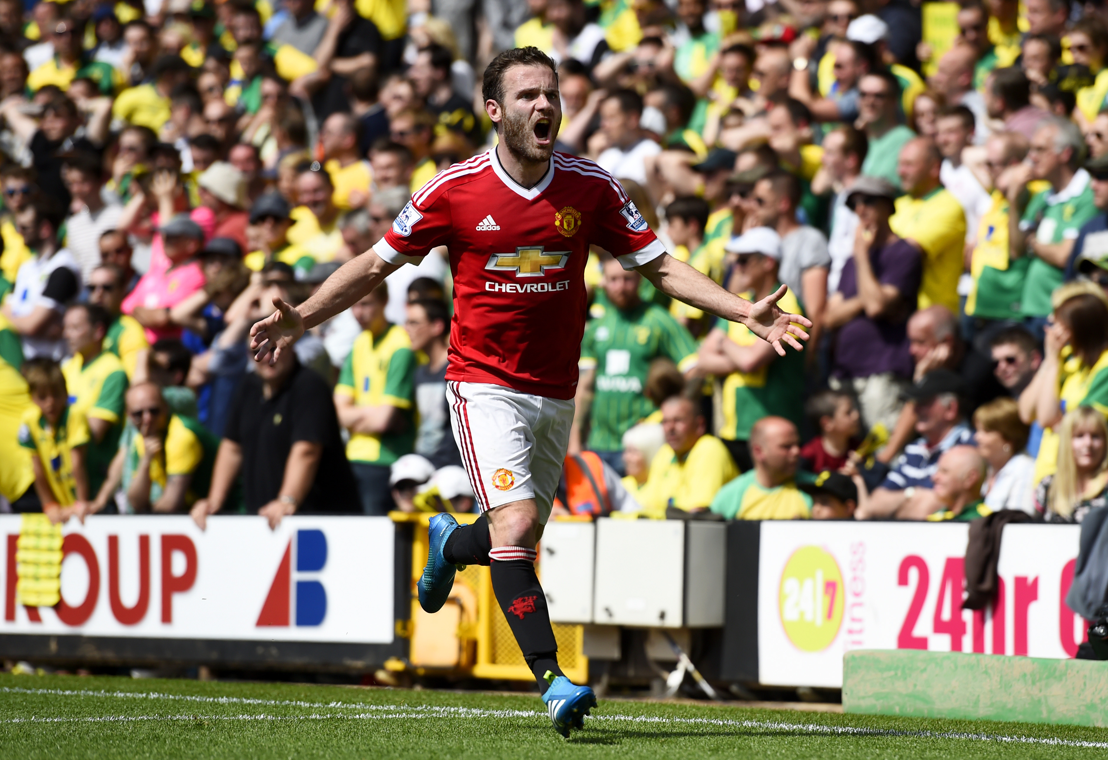 NORWICH, ENGLAND - MAY 07:  Juan Mata of Manchester United celebrates scoring his team's first goal during the Barclays Premier League match between Norwich City and Manchester United at Carrow Road on May 7, 2016 in Norwich, England.  (Photo by Mike Hewitt/Getty Images)