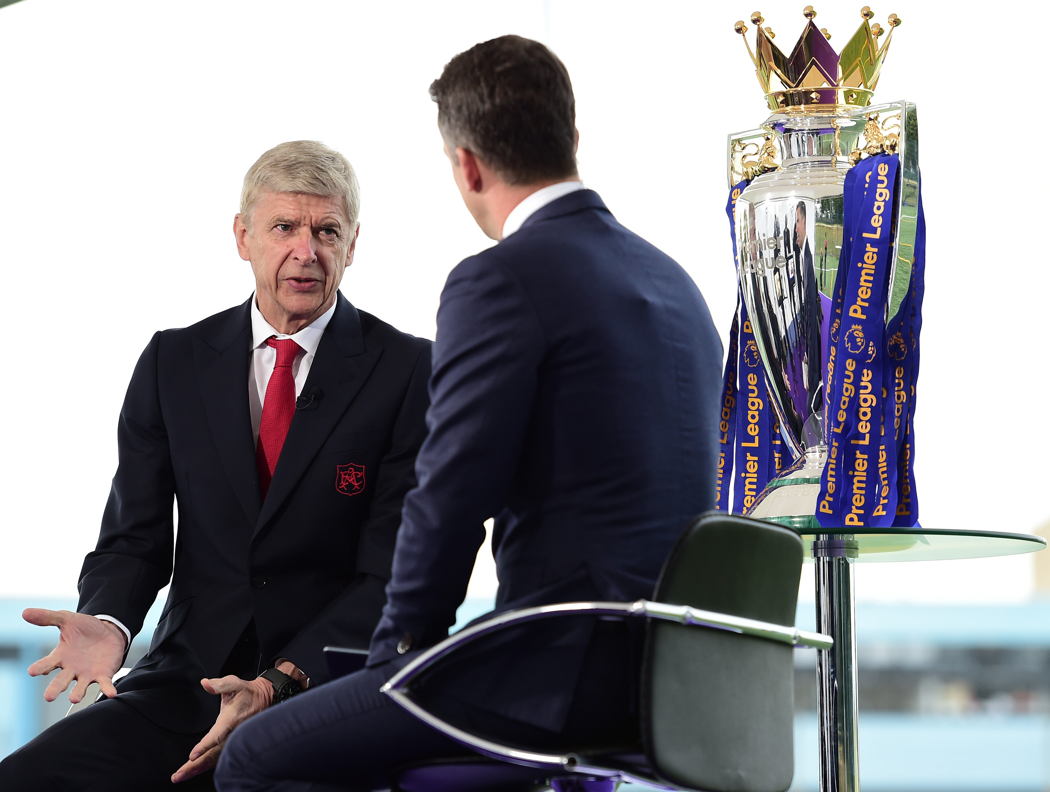 ISLINGTON, ENGLAND - AUGUST 10:  Arsene Wenger, manager of Arsenal is interviewed by Sky Sports during the Official Premier League Season Launch Media Event held at Market Road pitches on August 10, 2016 in Islington, England. (Photo by Alex Broadway/Getty Images)