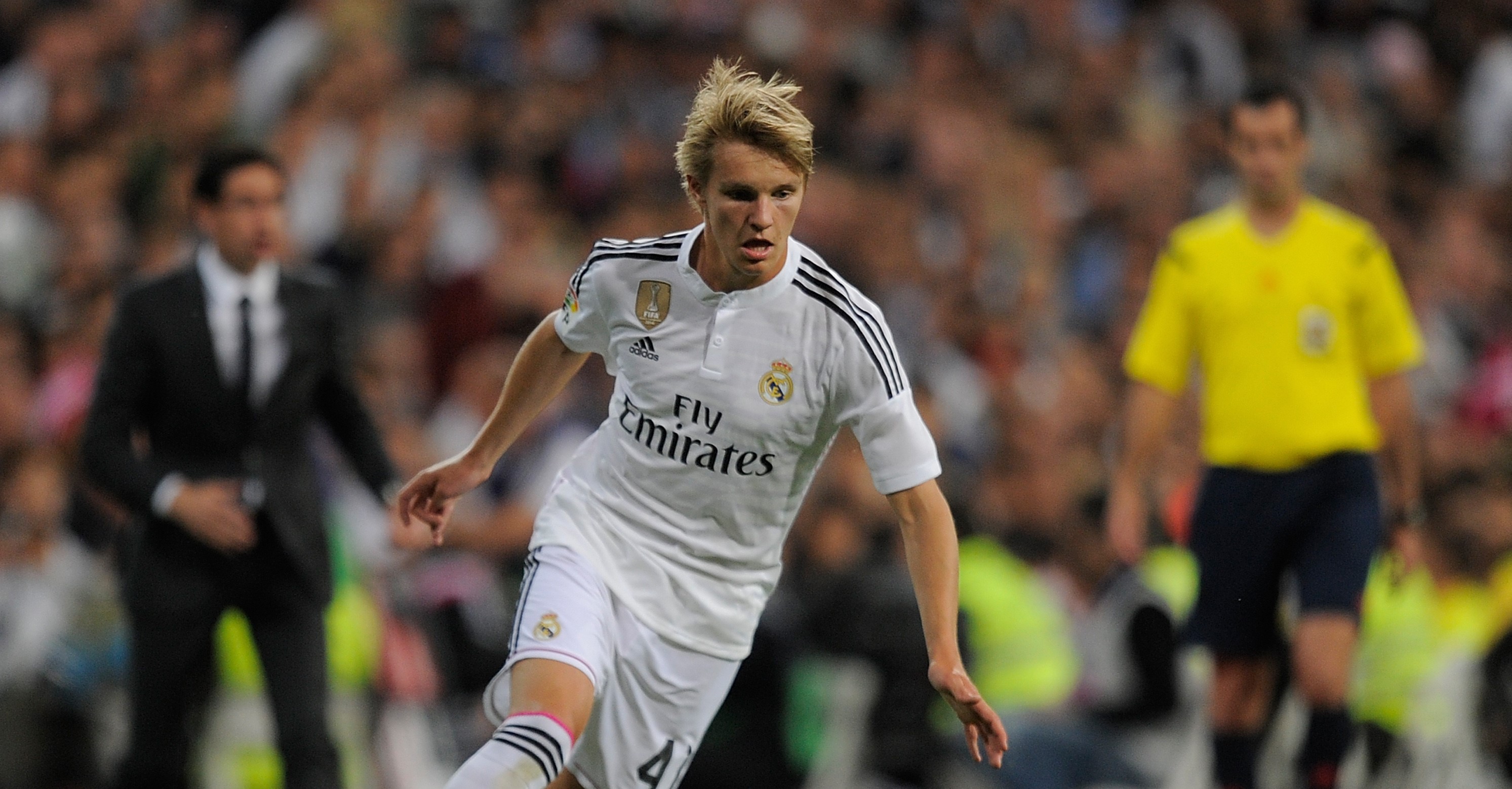 MADRID, SPAIN - MAY 23:  Martin Odegaard of Real Madrid in action during the La Liga match between Real Madrid CF and Getafe CF at Estadio Santiago Bernabeu on May 23, 2015 in Madrid, Spain.  (Photo by Denis Doyle/Getty Images)