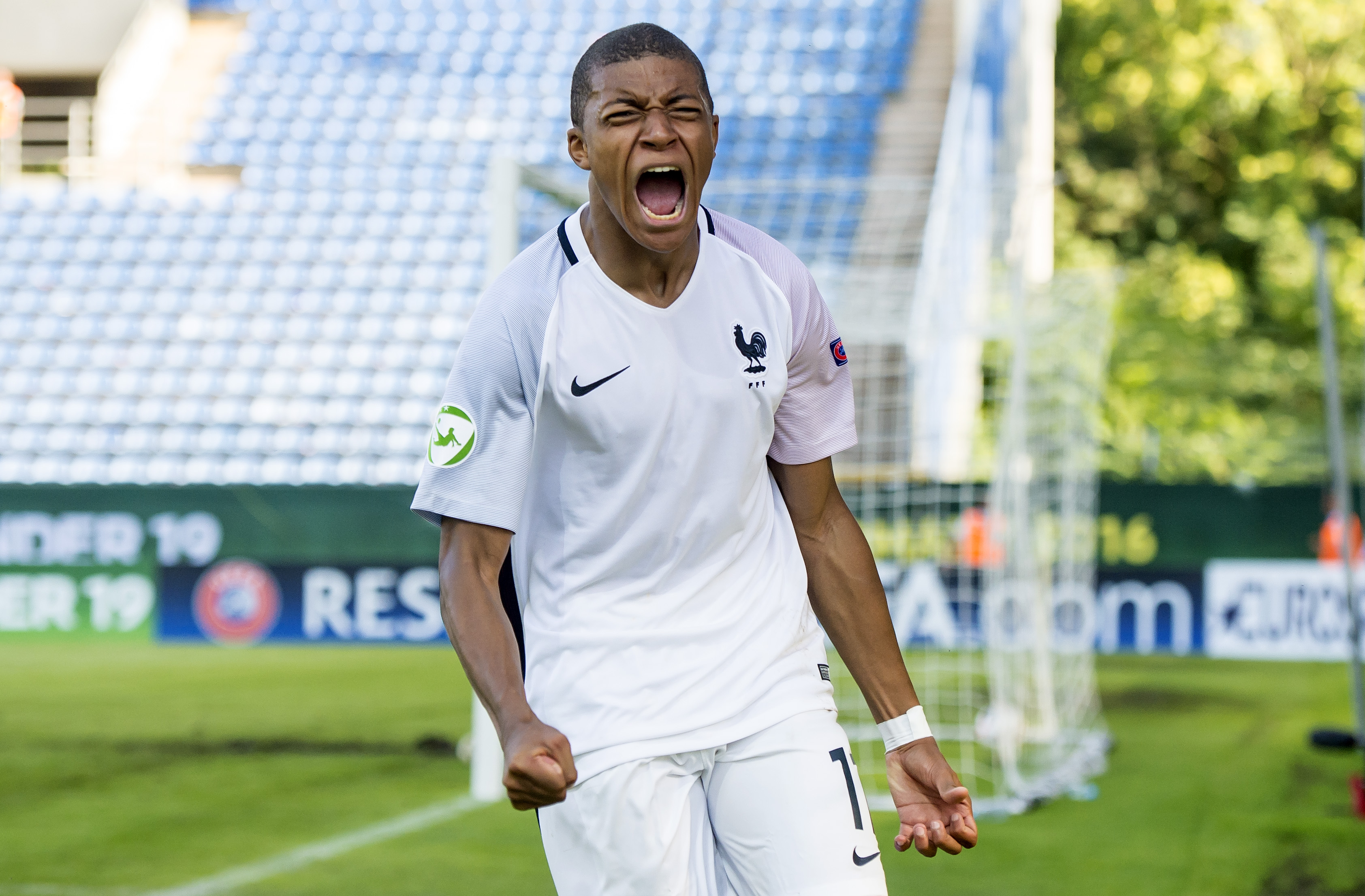MANNHEIM, GERMANY - JULY 21: Kylian Mbappe of France celebrates the second goal for his team during the U19 match between Portugal and France at Carl-Benz-Stadium on July 21, 2016 in Mannheim, Germany. (Photo by Alexander Scheuber/Bongarts/Getty Images)