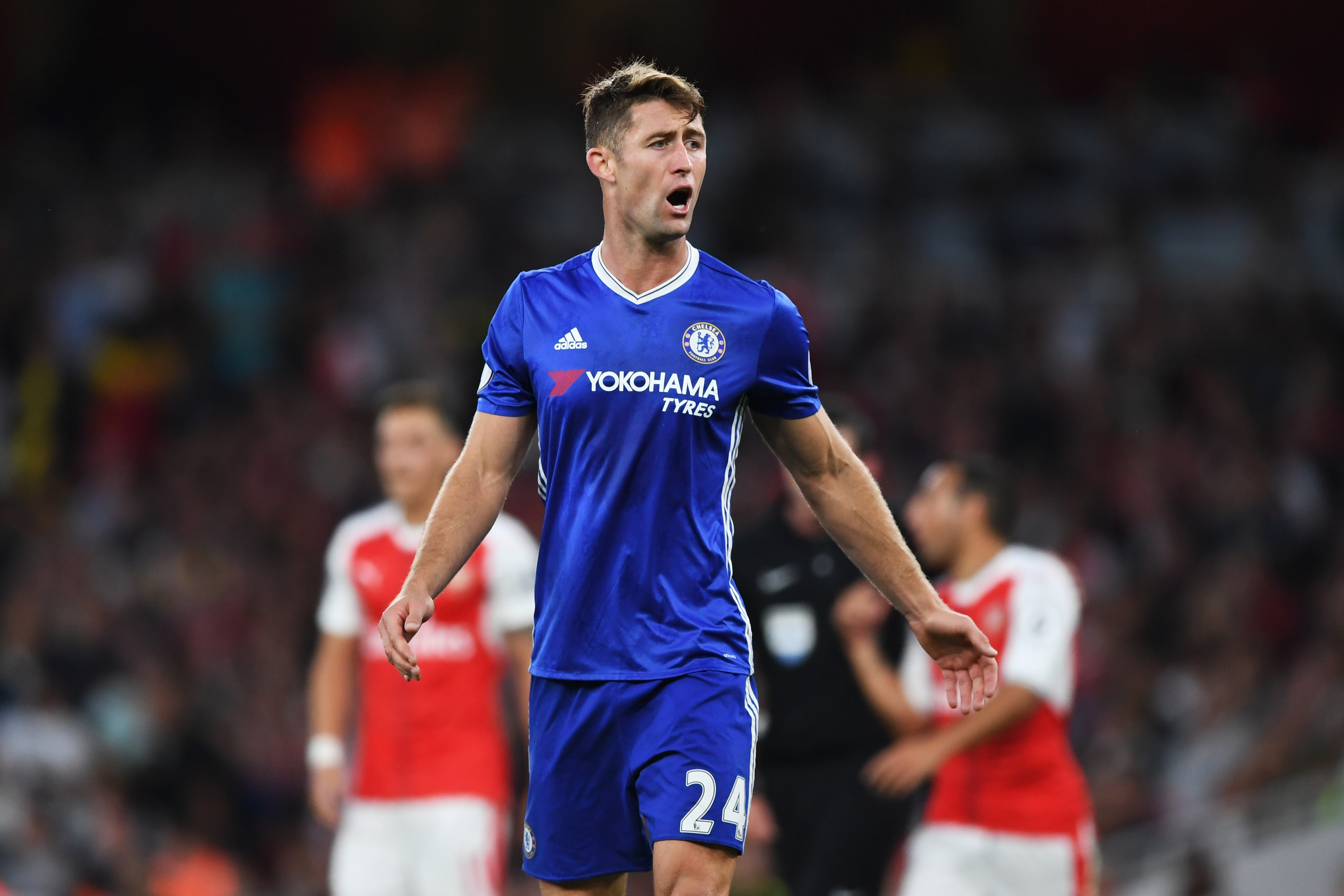 LONDON, ENGLAND - SEPTEMBER 24: Gary Cahill of Chelsea reacts during the Premier League match between Arsenal and Chelsea at the Emirates Stadium on September 24, 2016 in London, England.  (Photo by Shaun Botterill/Getty Images)