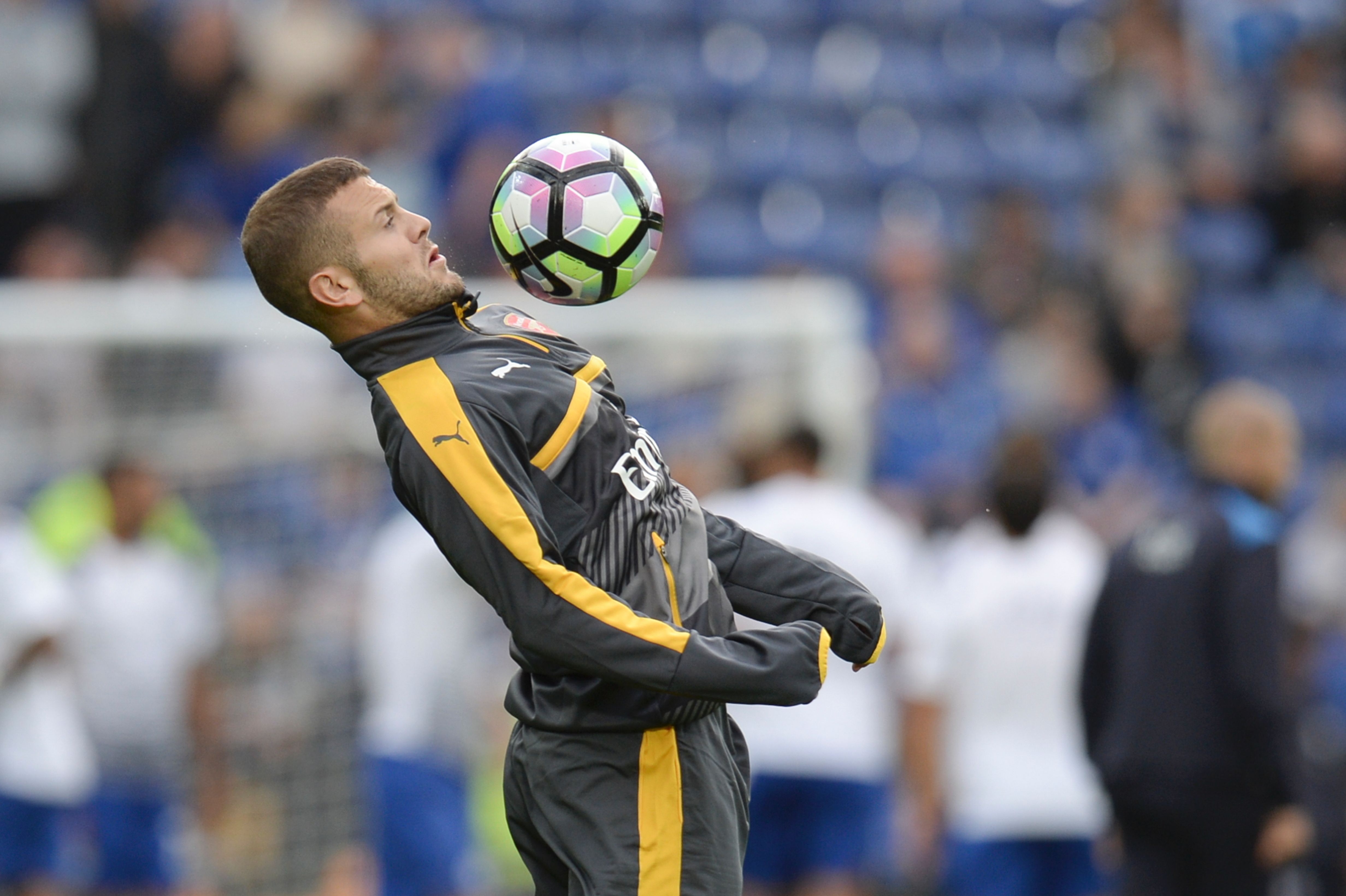 Arsenal's English midfielder Jack Wilshere warms up before the English Premier League football match between Leicester City and Arsenal at King Power Stadium in Leicester, central England on August 20, 2016. / AFP / OLI SCARFF / RESTRICTED TO EDITORIAL USE. No use with unauthorized audio, video, data, fixture lists, club/league logos or 'live' services. Online in-match use limited to 75 images, no video emulation. No use in betting, games or single club/league/player publications.  /         (Photo credit should read OLI SCARFF/AFP/Getty Images)