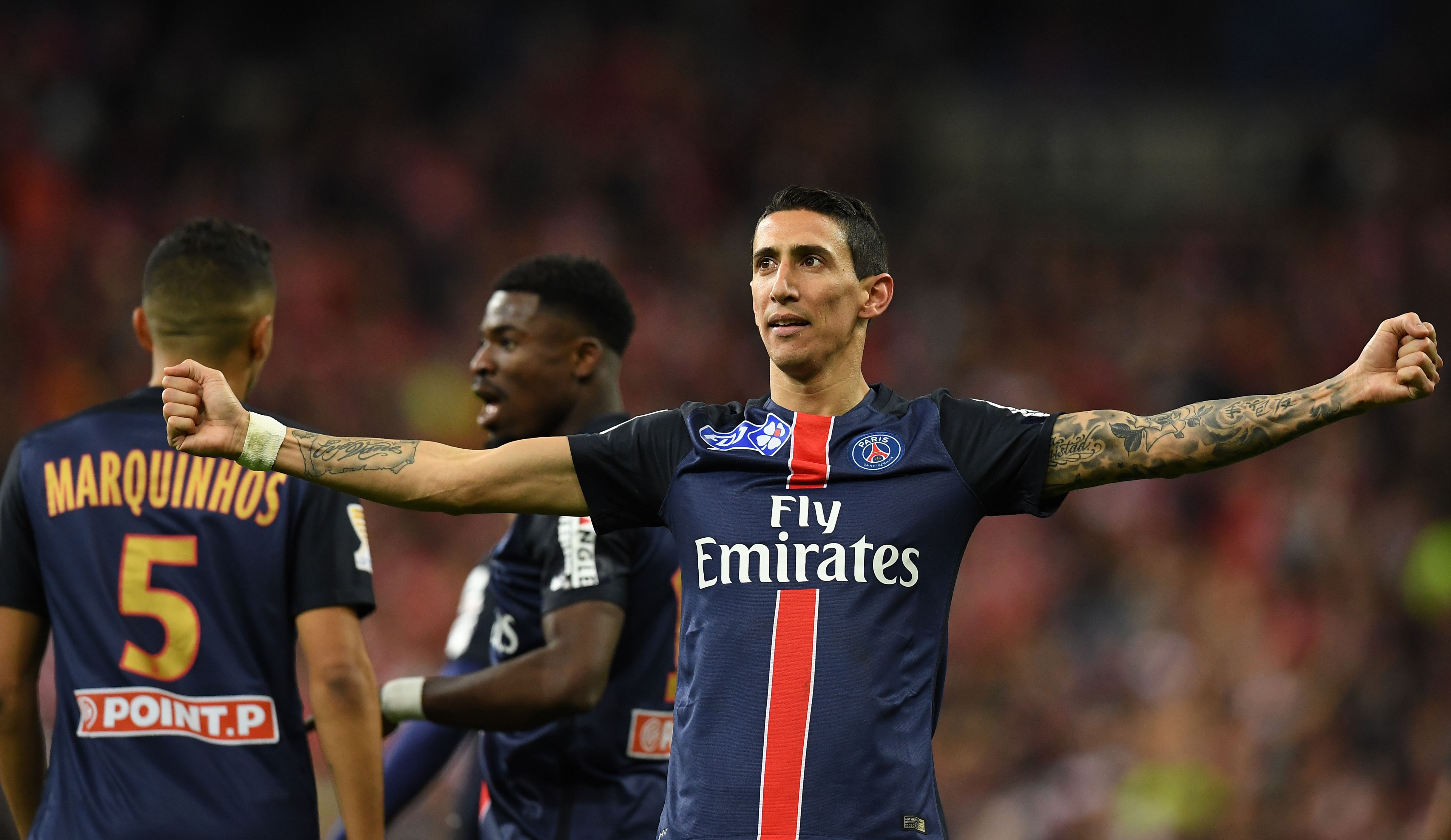 Paris Saint-Germain's Argentinian forward Angel Di Maria celebrates after scoring his team's second goal during the French League Cup final football match Paris Saint-Germain (PSG) vs Lille (LOSC) on April 23, 2016 at the Stade de France stadium in Saint-Denis, north of Paris.  AFP PHOTO / FRANCK FIFE / AFP / FRANCK FIFE        (Photo credit should read FRANCK FIFE/AFP/Getty Images)