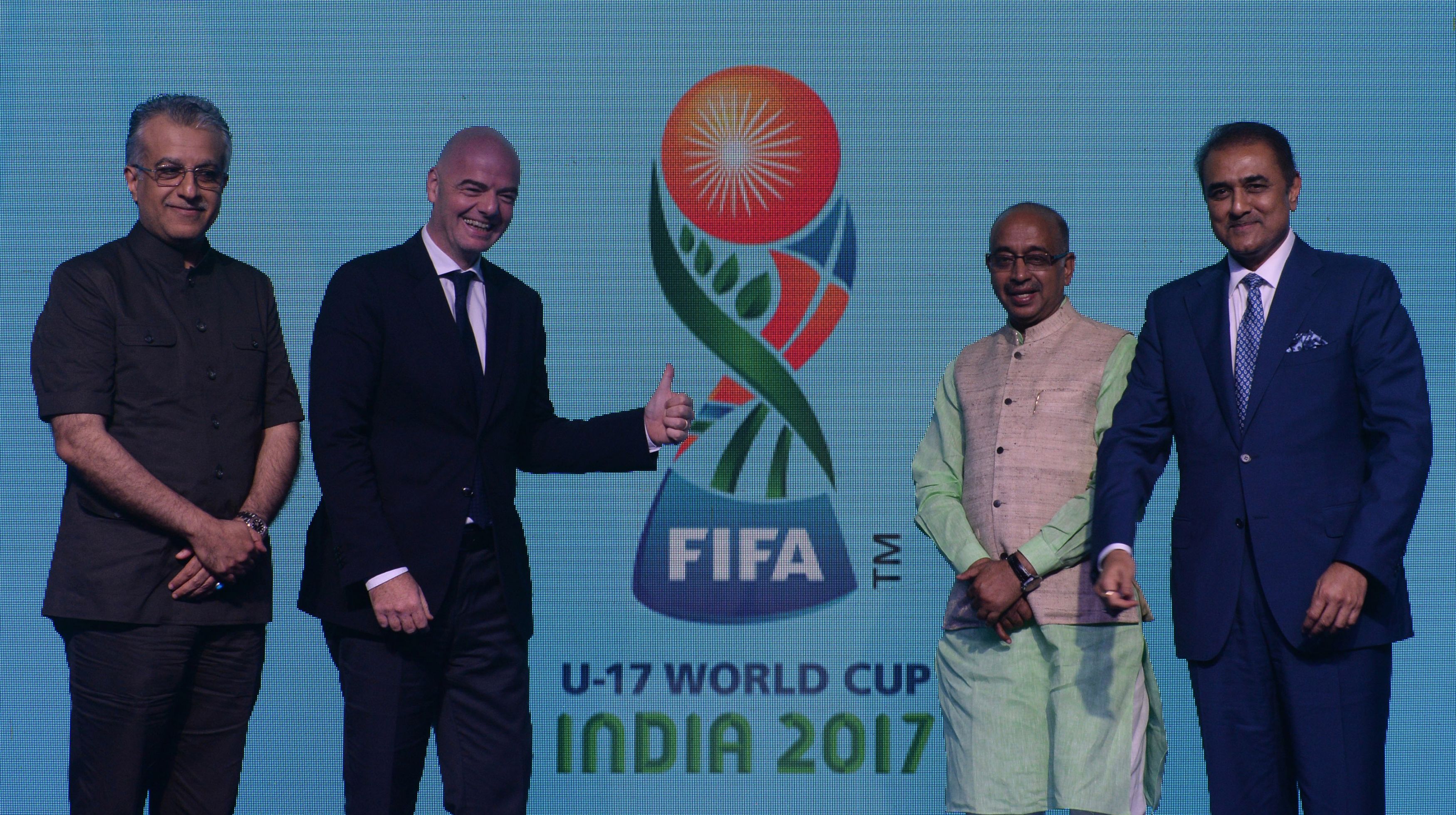 (L-R) President of the Asian Football Confederation (AFC) Shaikh Salman bin Ebrahim Al Khalifa, FIFA President Gianni Infantino, Indian Minister for Youth Affairs and Sports Vijay Goel and President All India Football Federation (AIFF) Praful Patel pose after unveiling the logo for the FIFA U-17 World Cup India 2017 in Panjim on September 27, 2016.
Infantino was also in Goa to attend the Asian Football Confederation (AFC) Extraordinary Congress. / AFP / INDRANIL MUKHERJEE        (Photo credit should read INDRANIL MUKHERJEE/AFP/Getty Images)