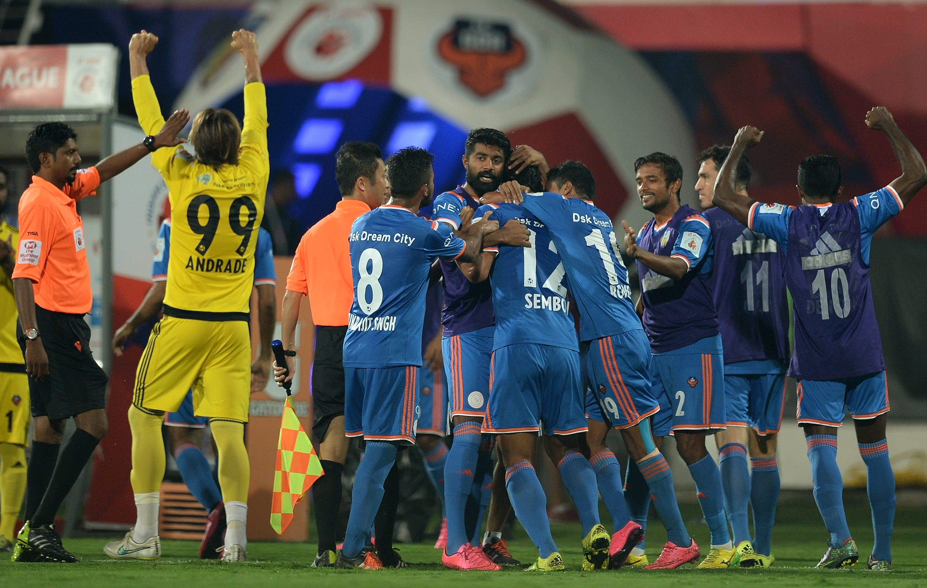 FC Goa players celebrate after a goal during the final match between Chennaiyin FC and FC Goa of the Indian Super League (ISL) football tournament at Jawahar Lal Nehru Stadium in Goa on December 20, 2015.  AFP PHOTO / PUNIT PARANJPE / AFP / PUNIT PARANJPE        (Photo credit should read PUNIT PARANJPE/AFP/Getty Images)