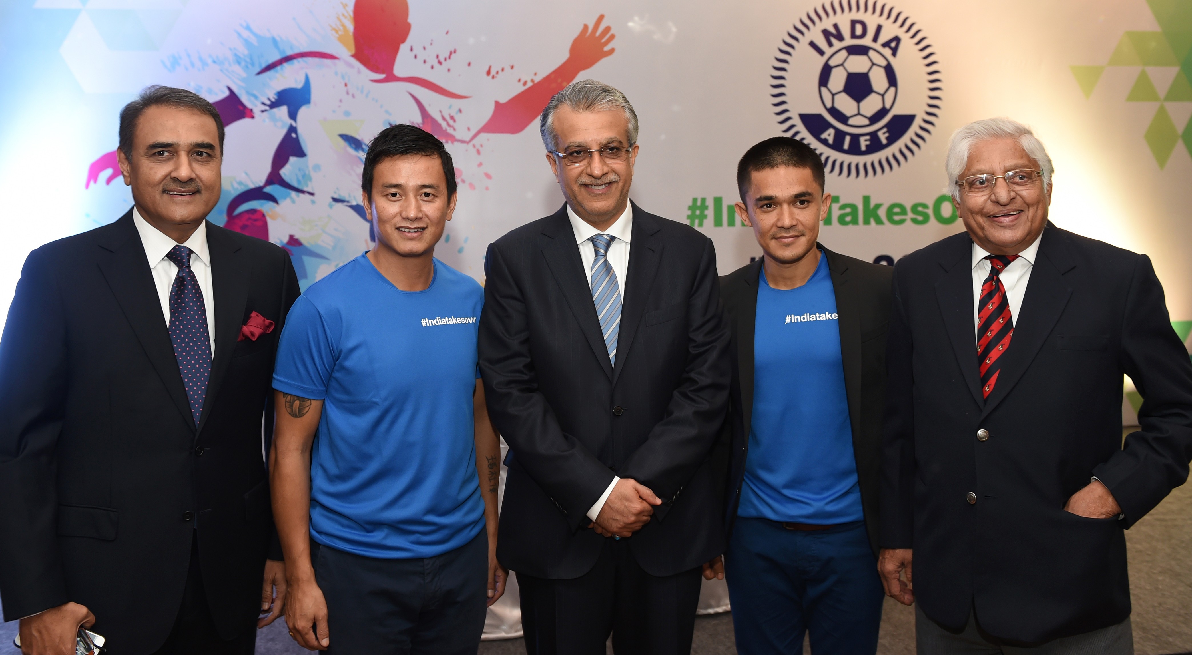 President of the All India Football Federation Praful Patel (L), former national team captain Baichung Bhutia (2L), the President of the Asian Football Confederation Shaikh Salman (C), Indian football team captain Sunil Chhetri (2R) and and former national team captain Chunni Goswami take part in the launch of the FIFA Under-17 World Cup in New Delhi on November 28, 2015. AFP PHOTO / SAJJAD HUSSAIN / AFP / SAJJAD HUSSAIN        (Photo credit should read SAJJAD HUSSAIN/AFP/Getty Images)
