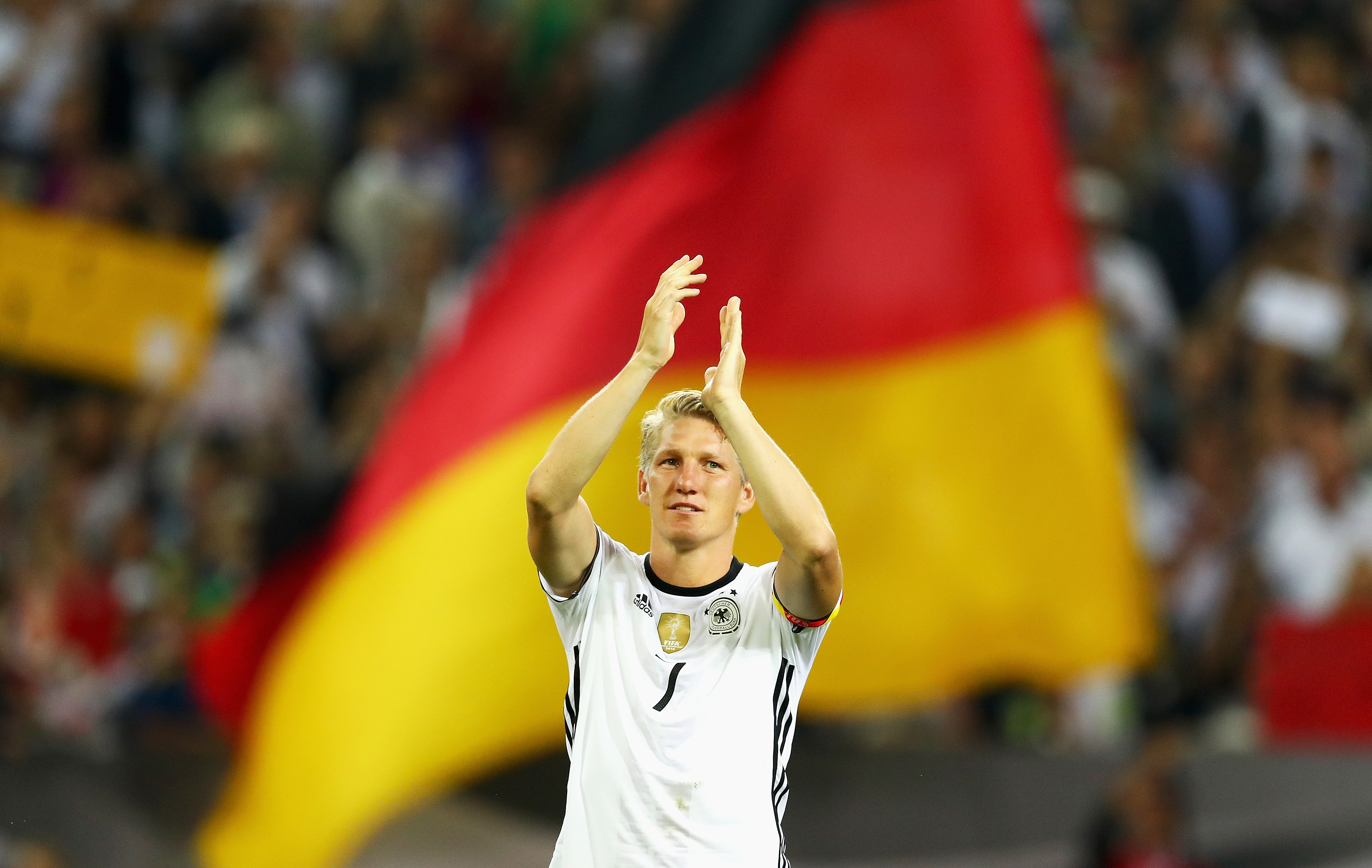MOENCHENGLADBACH, GERMANY - AUGUST 31:  Bastian Schweinsteiger of Germany acknowledges the crowd after his last international match during the International Friendly match between Germany and Finland at Borussia-Park on August 31, 2016 in Moenchengladbach, Germany.  (Photo by Lars Baron/Bongarts/Getty Images)