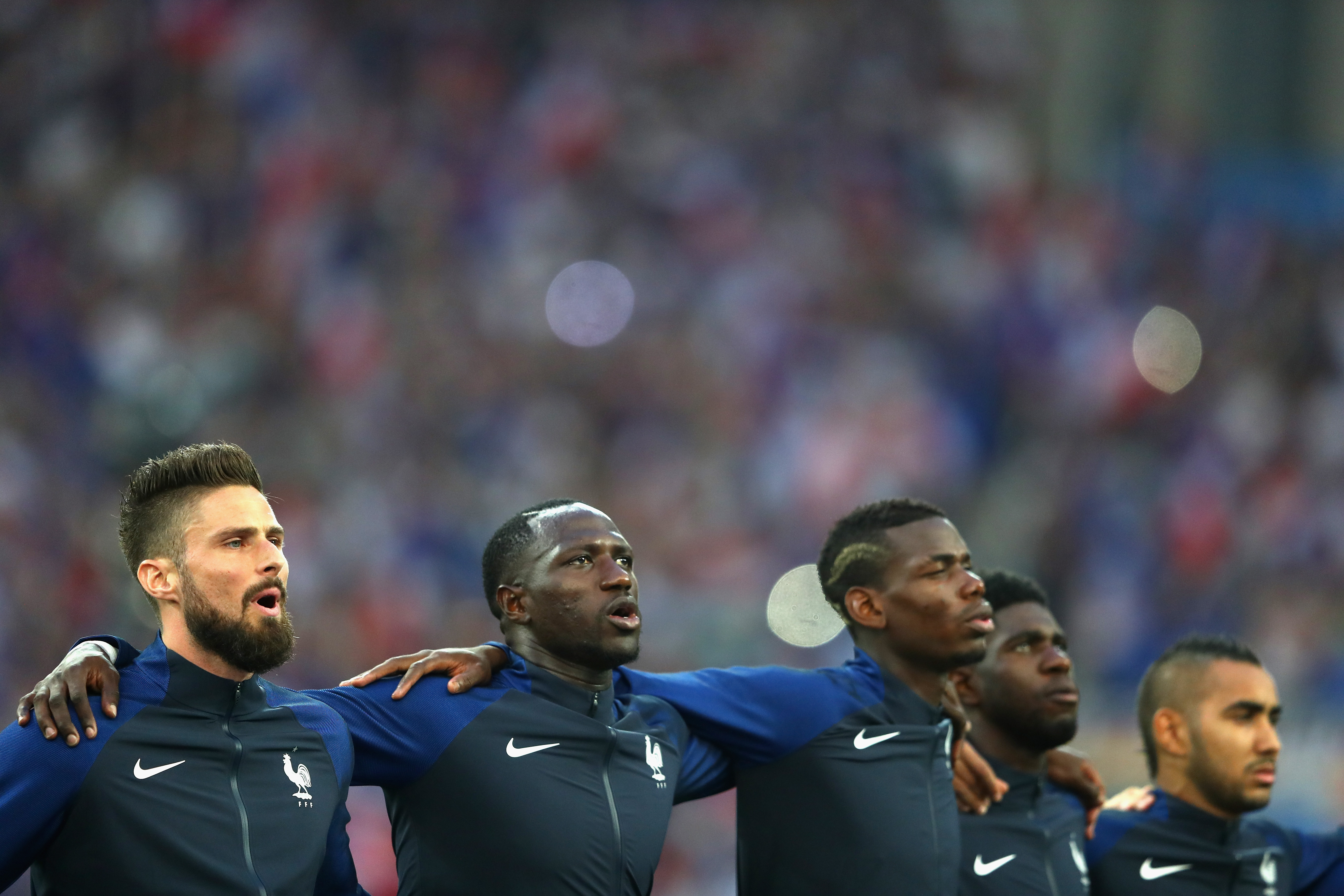 MARSEILLE, FRANCE - JULY 07: (L to R) Olivier Giroud, Moussa Sissoko, Paul Pogba, Samuel Umtiti and Dimitri Payet of France line up for the national anthem prior to the UEFA EURO semi final match between Germany and France at Stade Velodrome on July 7, 2016 in Marseille, France.  (Photo by Lars Baron/Getty Images)