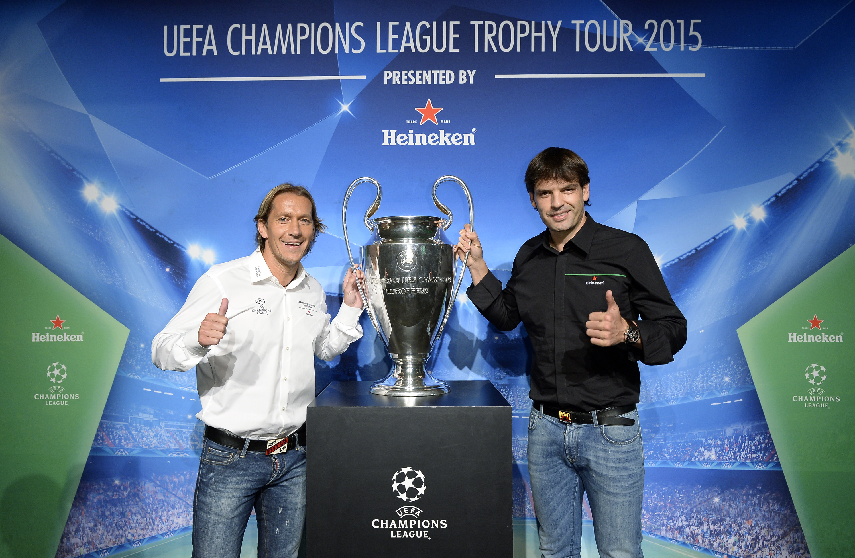 LOS ANGELES, CA - APRIL 21: Spanish retired footballer Michel Salgado (L), two time Champions League winner with Real Madrid, and Spanish footballer Fernando Morientes, who played for a number of clubs during his career including Real Madrid, pose with the UEFA Champions League Trophy during the VIP reception at Siren Studio during the UEFA Champions League Trophy Tour 2015 presented by Heineken April, 21, 2015, in Los Angeles, California. (Photo by Kevork Djansezian/Getty Images)