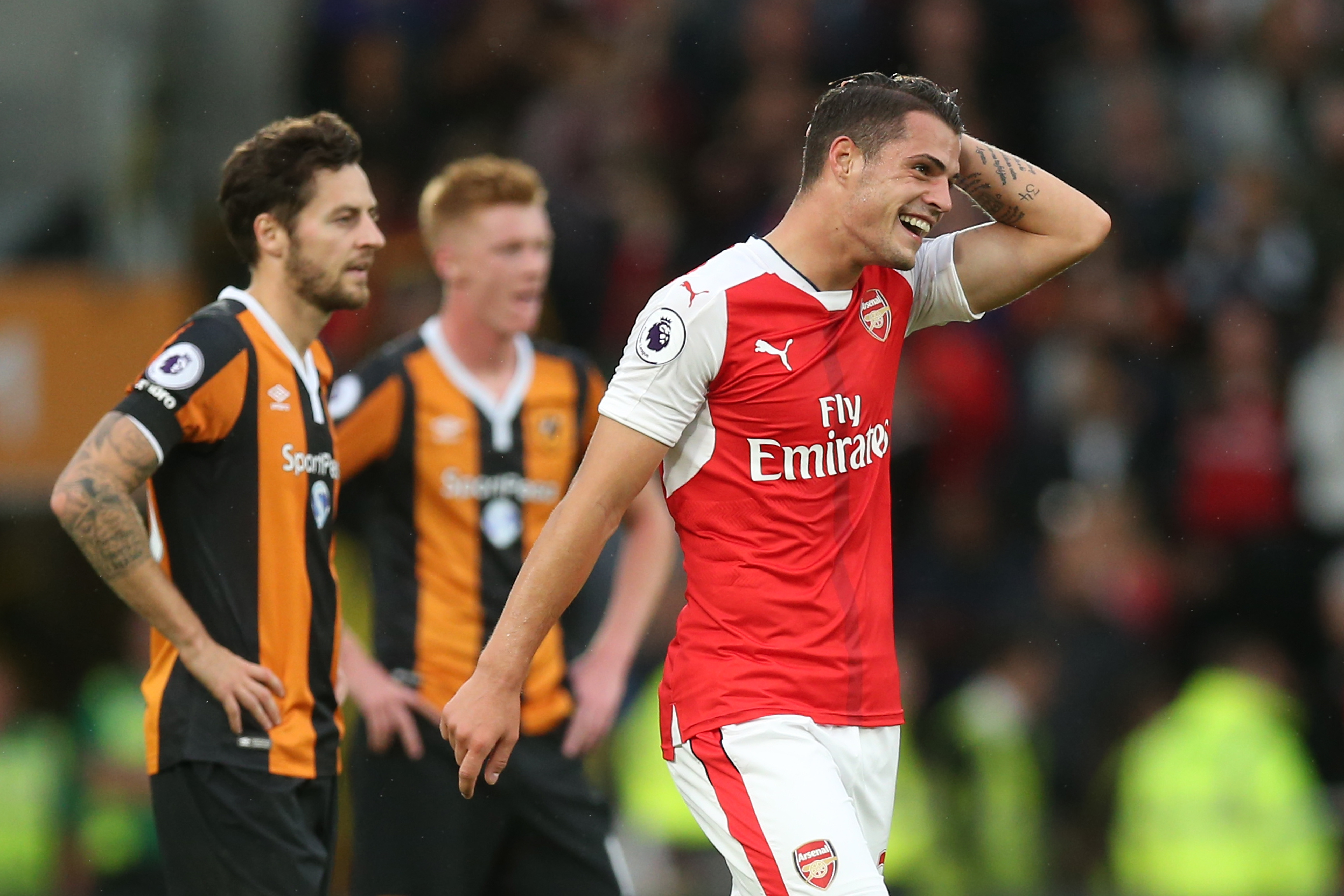 HULL, ENGLAND - SEPTEMBER 17: Granit Xhaka of Arsenal celebrates scoring his sides first goal during the Premier League match between Hull City and Arsenal at KCOM Stadium on September 17, 2016 in Hull, England.  (Photo by Alex Morton/Getty Images)
