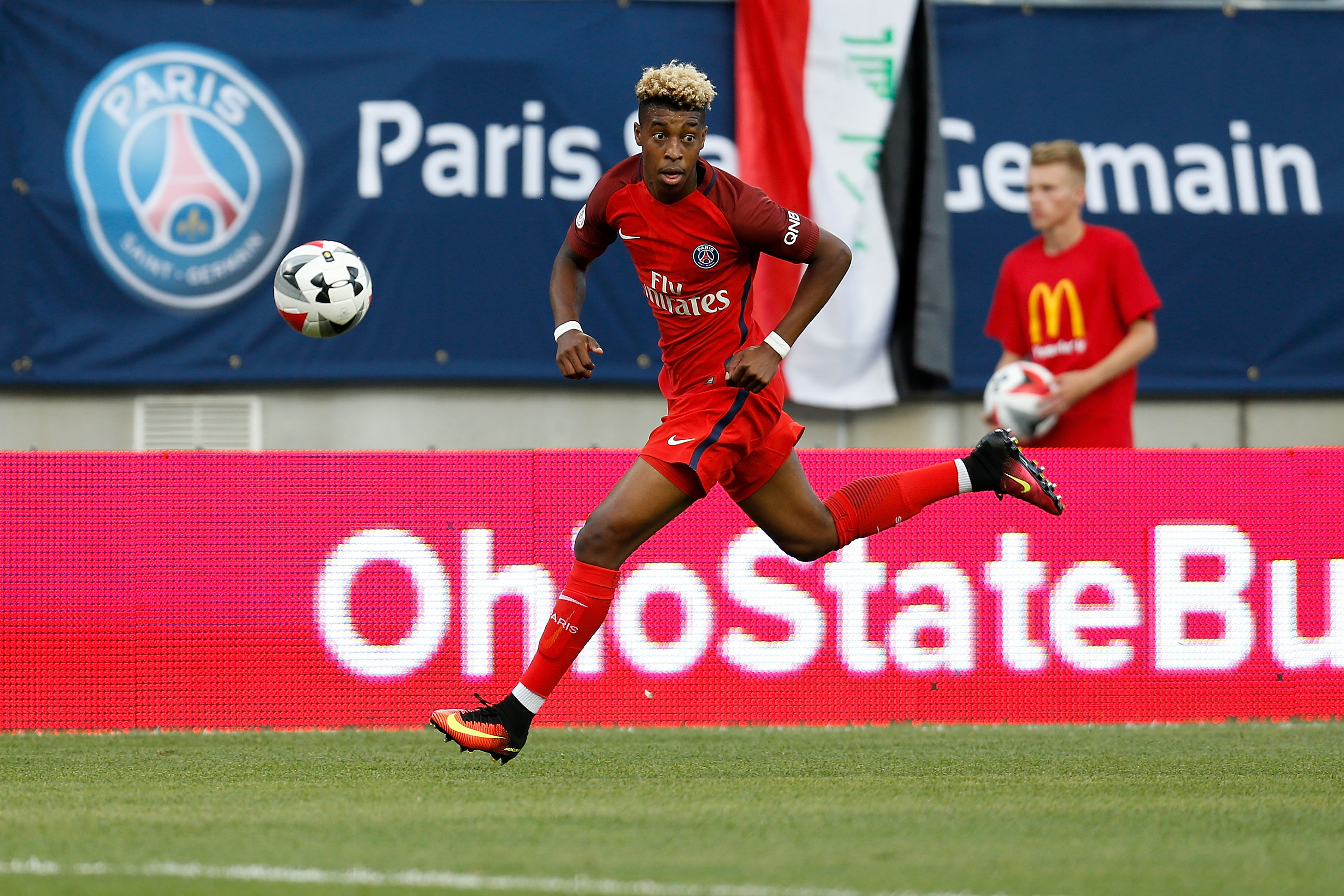 COLUMBUS, OH - JULY 27:  Presnel Kimpembe #3 of Paris Saint-Germain F.C dribbles the ball upfield during the first half of the game against Real Madrid C.F. on July 27, 2016 at Ohio Stadium in Columbus, Ohio. (Photo by Kirk Irwin/Getty Images)