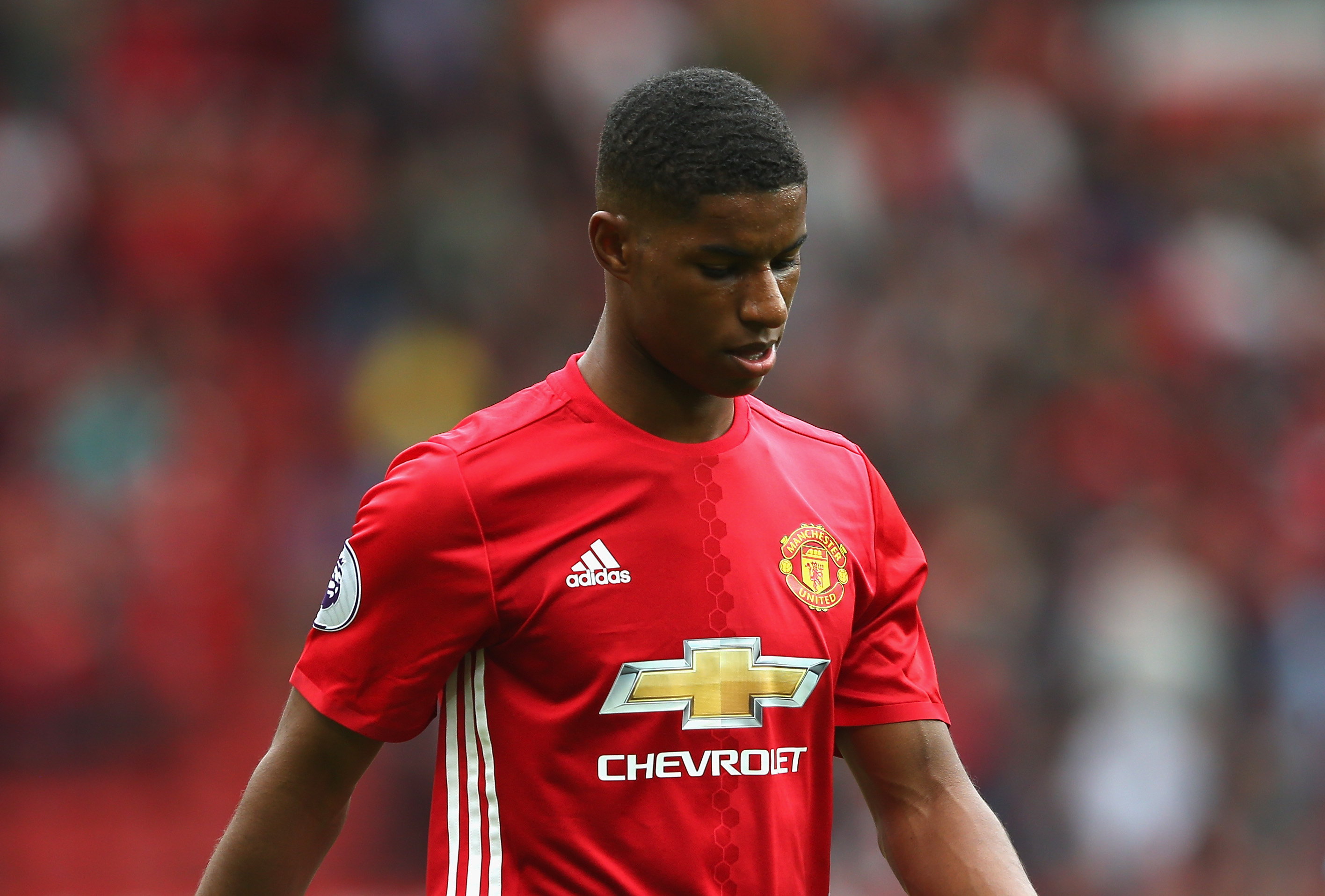 MANCHESTER, ENGLAND - SEPTEMBER 10: Marcus Rashford of Manchester United looks on during the Premier League match between Manchester United and Manchester City at Old Trafford on September 10, 2016 in Manchester, England.  (Photo by Alex Livesey/Getty Images)