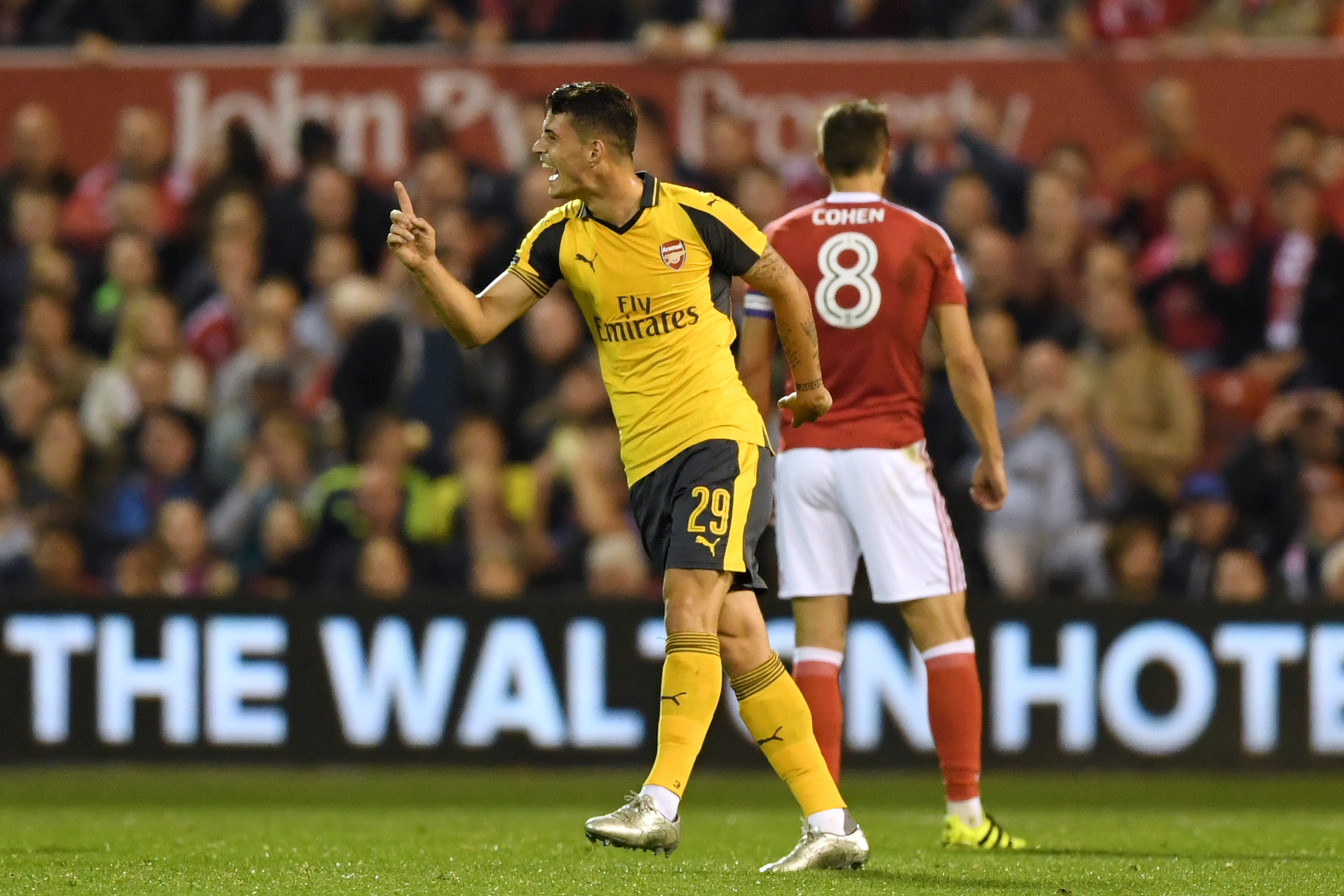 NOTTINGHAM, ENGLAND - SEPTEMBER 20:  Granit Xhaka of Arsenal celebrates scoring the opening goal during the EFL Cup Third Round match between Nottingham Forest and Arsenal at City Ground on September 20, 2016 in Nottingham, England.  (Photo by Shaun Botterill/Getty Images)