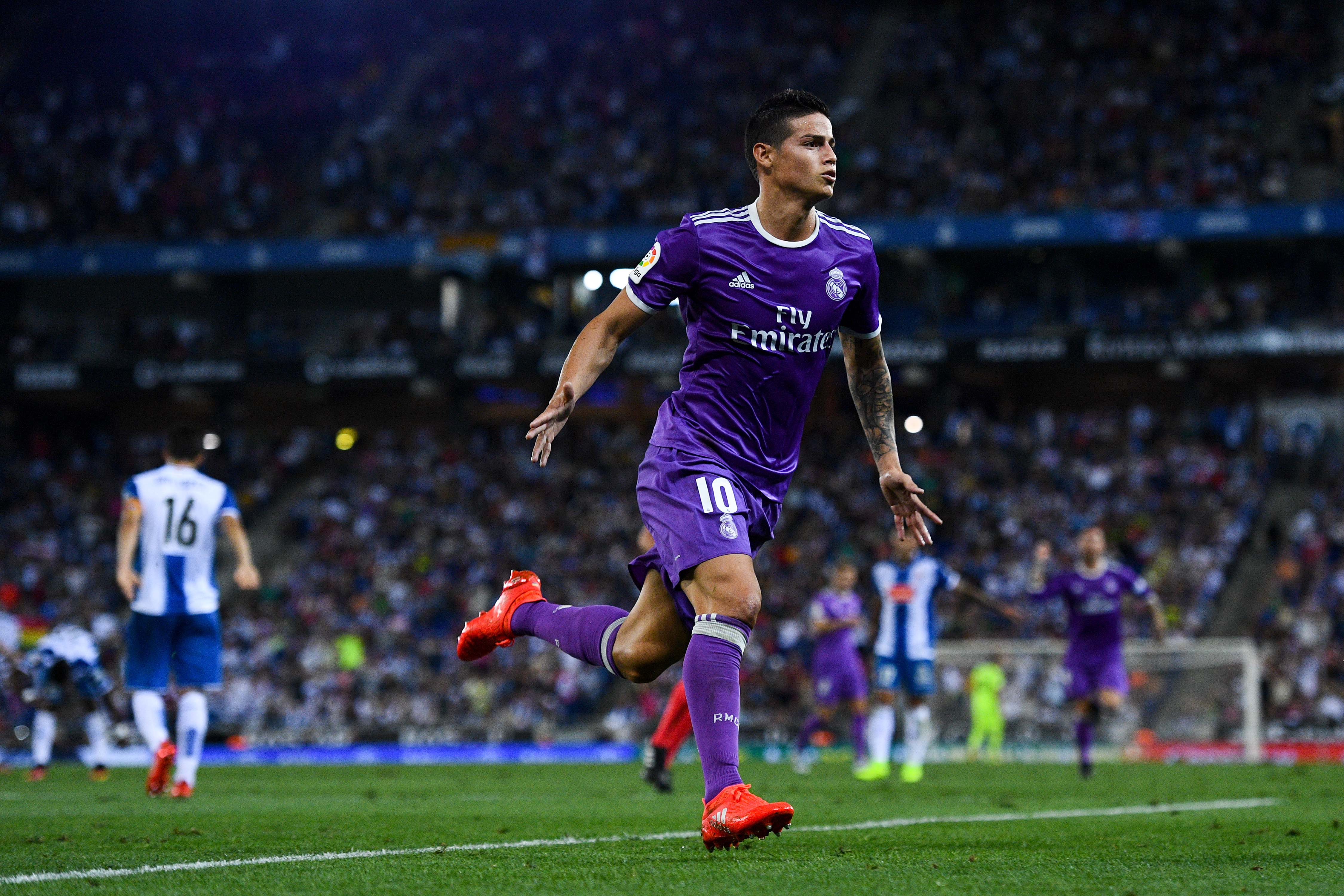 BARCELONA, SPAIN - SEPTEMBER 18:  James Rodriguez of Real Madrid CF celebrates after scoring his team's first goal during the La Liga match between RCD Espanyol and Real Madrid CF at the RCDE stadium on September 18, 2016 in Barcelona, Spain.  (Photo by David Ramos/Getty Images)