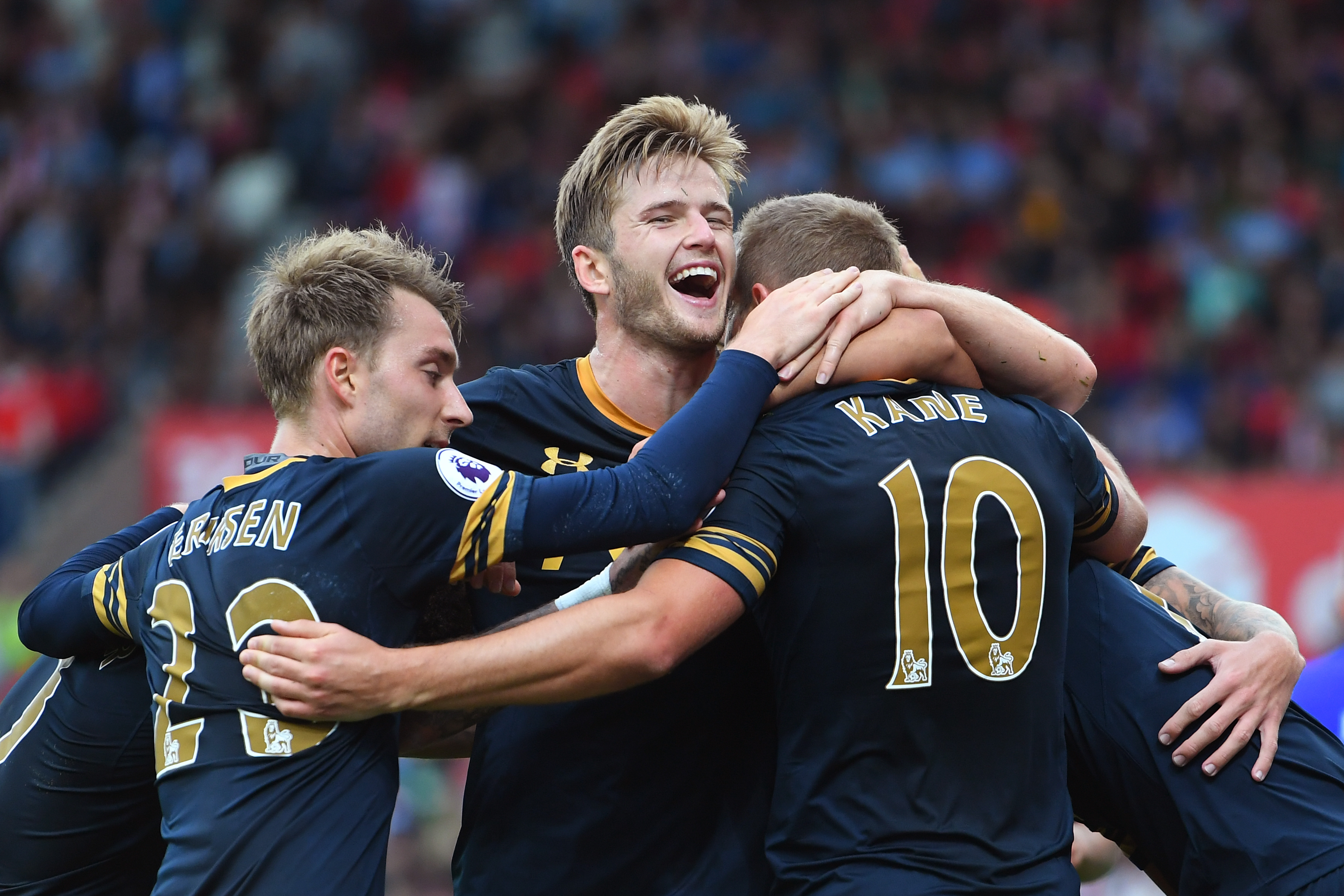 STOKE ON TRENT, ENGLAND - SEPTEMBER 10:  Harry Kane of Tottenham Hotspur (R) celebrates scoring his sides first goal with Eric Dier of Tottenham Hotspur (L) during the Premier League match between Stoke City and Tottenham Hotspur at Britannia Stadium on September 10, 2016 in Stoke on Trent, England.  (Photo by Laurence Griffiths/Getty Images)