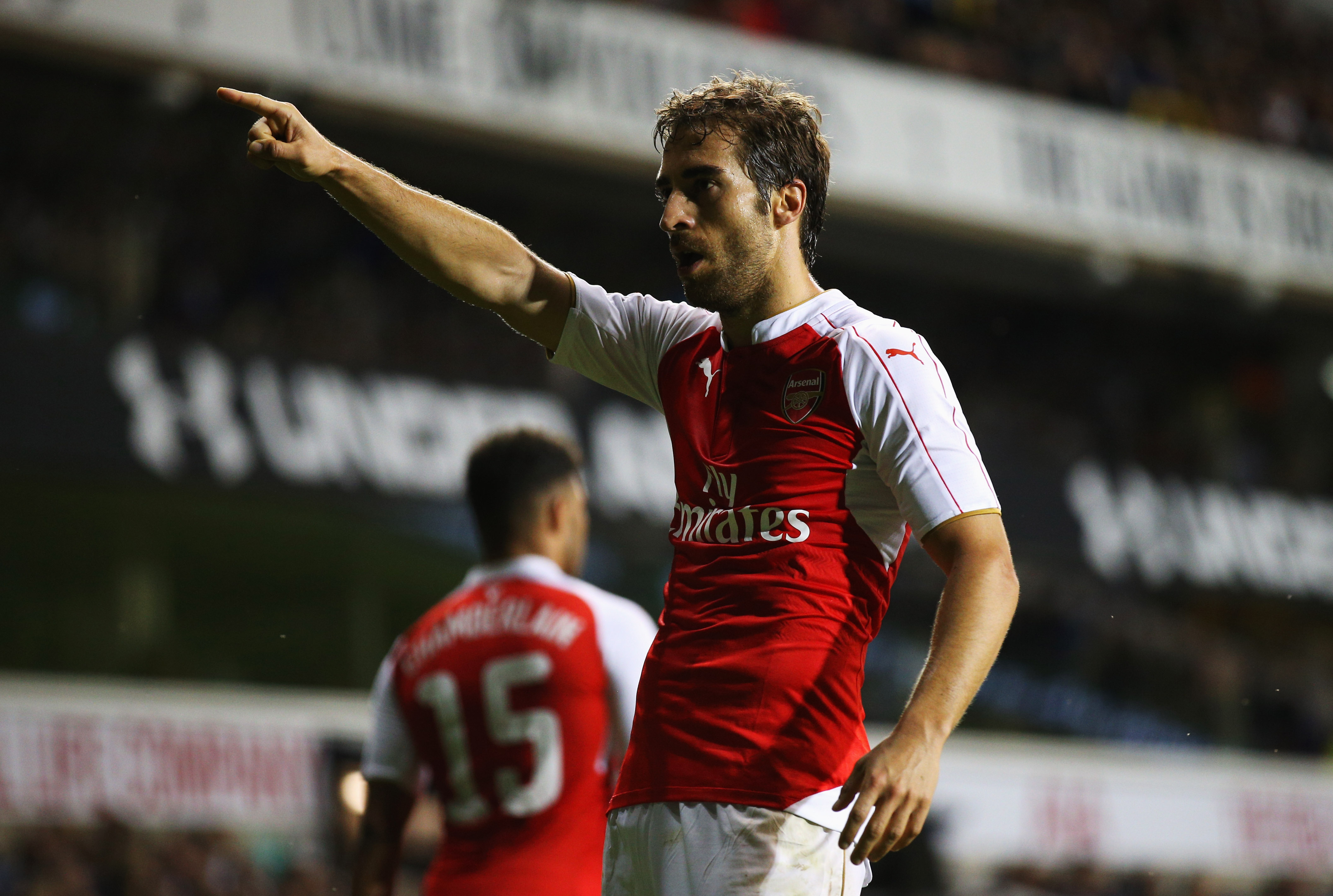 LONDON, ENGLAND - SEPTEMBER 23:  Mathieu Flamini of Arsenal celebrates as he scores their second goal during the Capital One Cup third round match between Tottenham Hotspur and Arsenal at White Hart Lane on September 23, 2015 in London, England.  (Photo by Ian Walton/Getty Images)