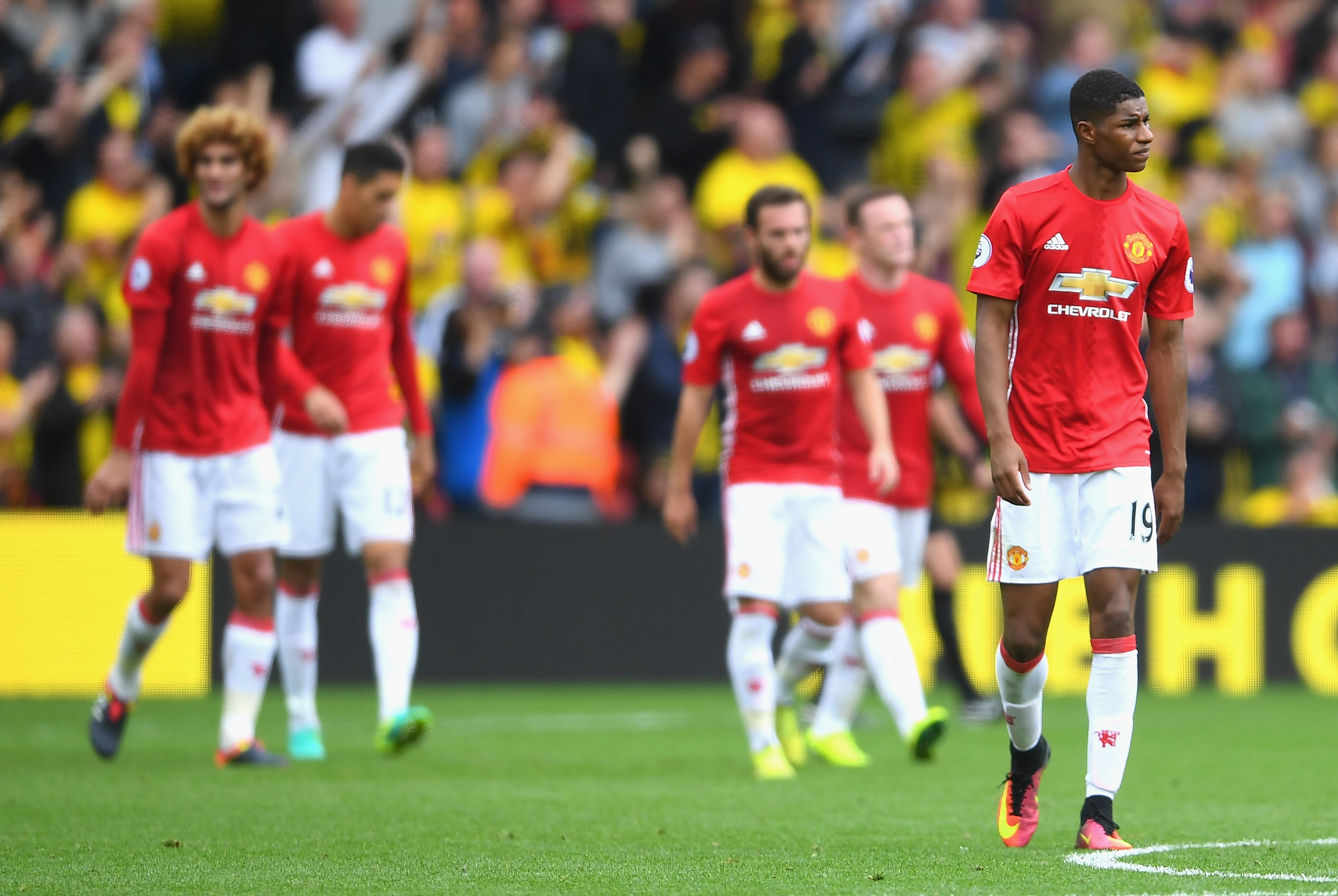 WATFORD, ENGLAND - SEPTEMBER 18: Marcus Rashford of Manchester United reacts after the final whistle  during the Premier League match between Watford and Manchester United at Vicarage Road on September 18, 2016 in Watford, England.  (Photo by Laurence Griffiths/Getty Images)