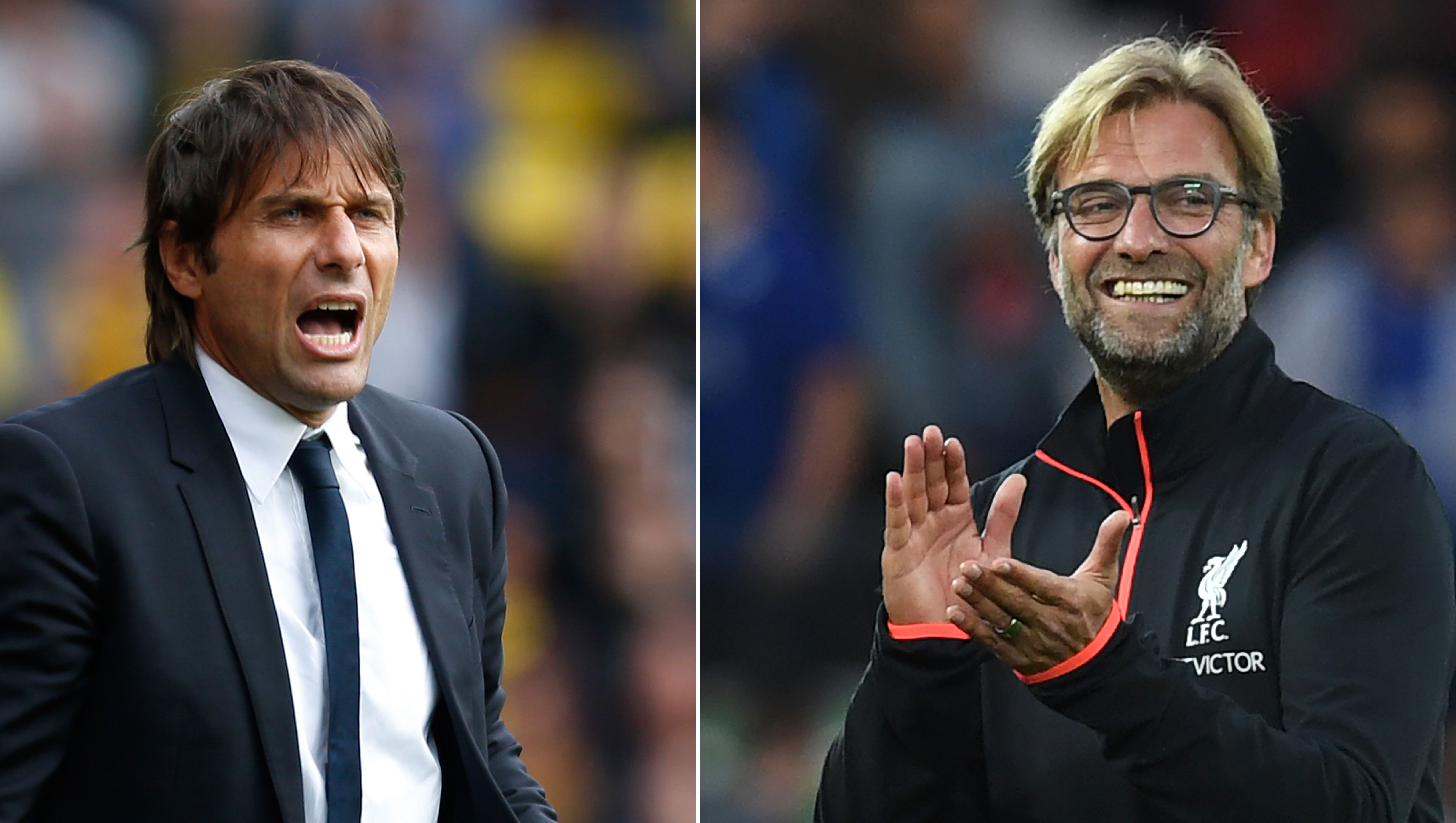 A combo picture shows Chelsea's Italian coach Antonio Conte (L) and Liverpool's German coach Jurgen Klopp. 
Chelsea play Liverpool on September 16, 2016 with two of the Premier league's most vibrant managers meeting for the first time. / AFP / Ian KINGTON        (Photo credit should read IAN KINGTON/AFP/Getty Images)