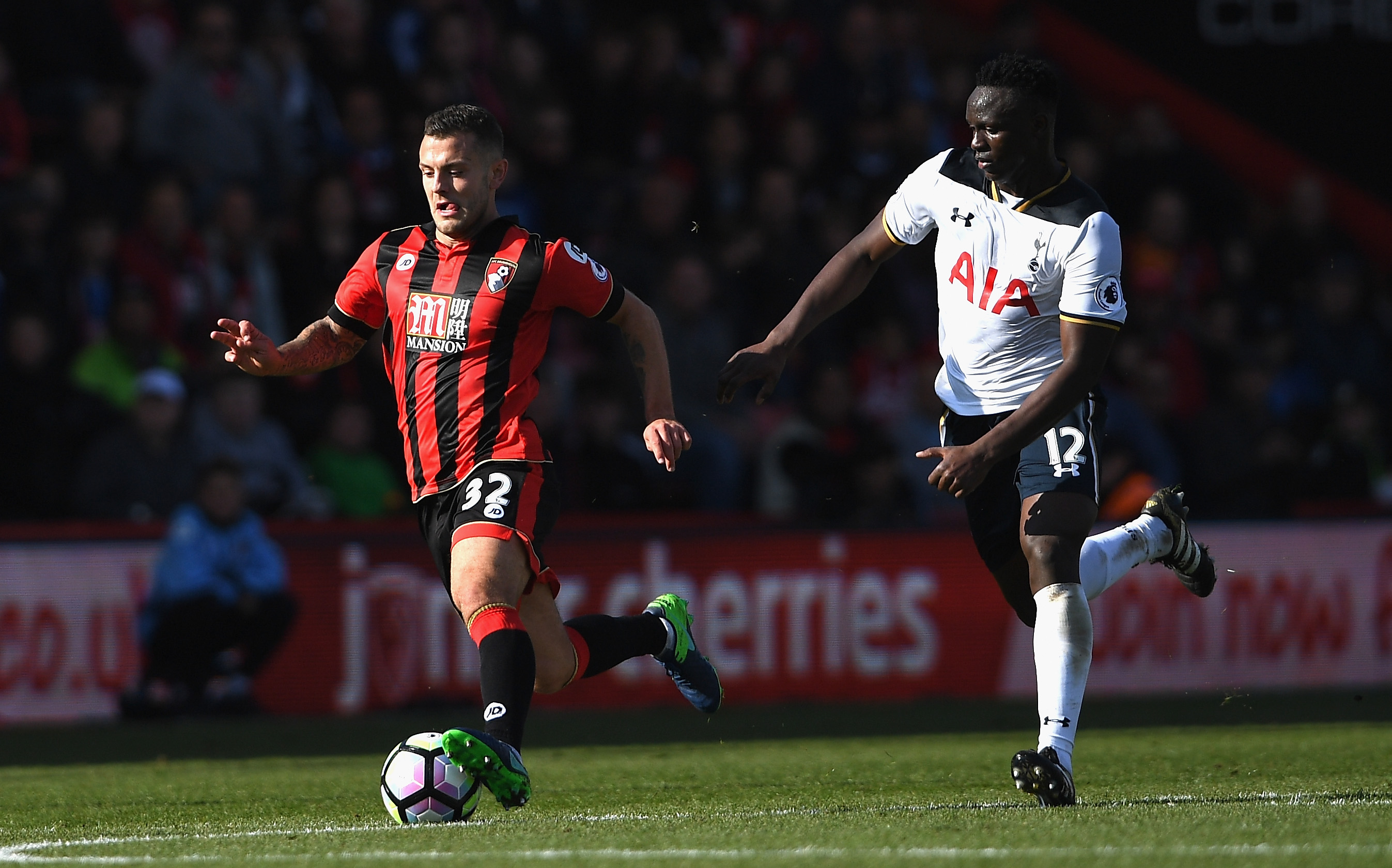 BOURNEMOUTH, ENGLAND - OCTOBER 22: Jack Wilshere of AFC Bournemouth and Victor Wanyama of Tottenham Hotspur compete for the ball during the Premier League match between AFC Bournemouth and Tottenham Hotspur at Vitality Stadium on October 22, 2016 in Bournemouth, England.  (Photo by Mike Hewitt/Getty Images)