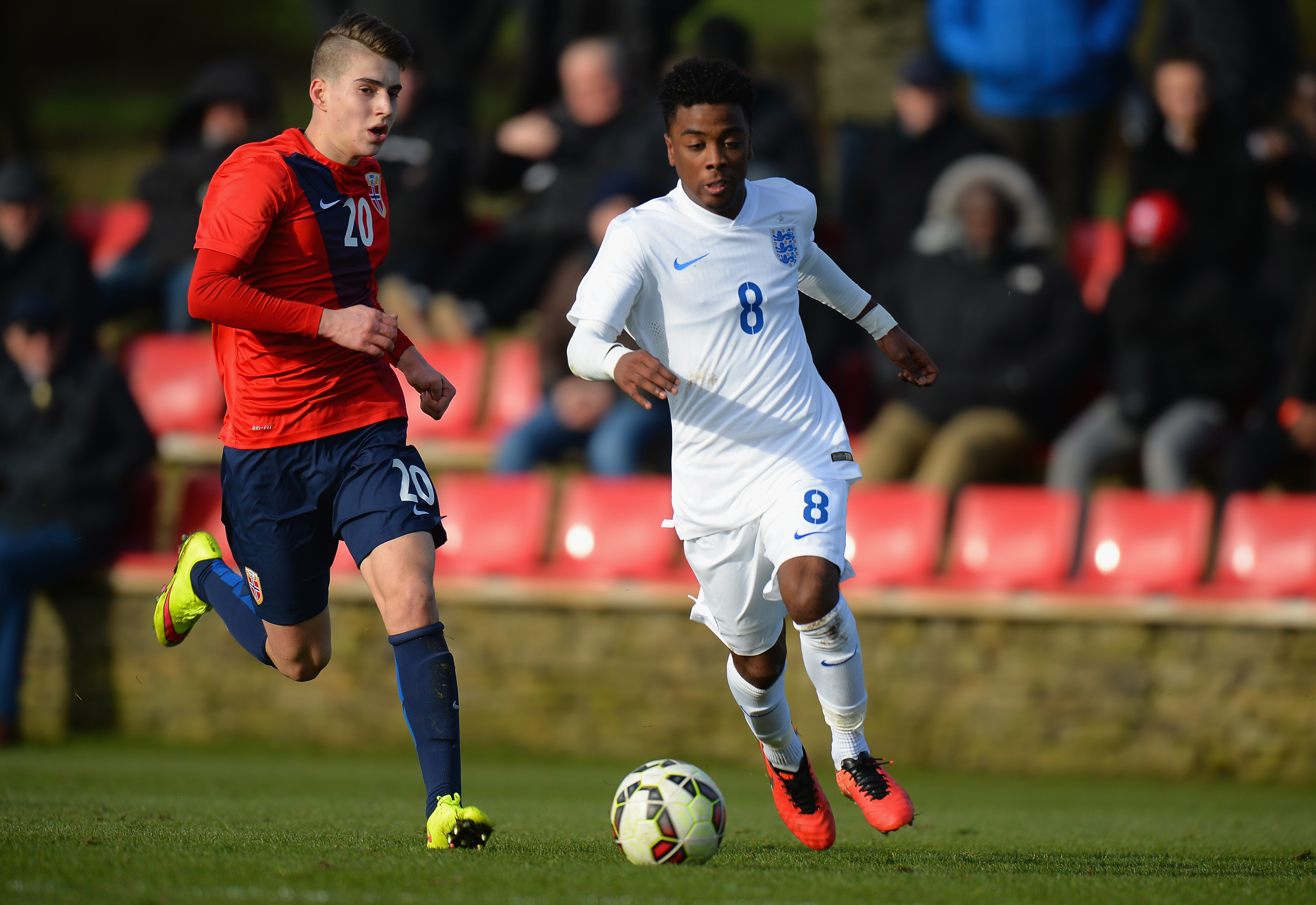 BURTON-UPON-TRENT, ENGLAND - FEBRUARY 16:  Angel Gomes of England U16 pushes forward during the U16s International Friendly match between England U16 and Norway U16 at St Georges Park on February 16, 2016 in Burton-upon-Trent, England.  (Photo by Tony Marshall/Getty Images)