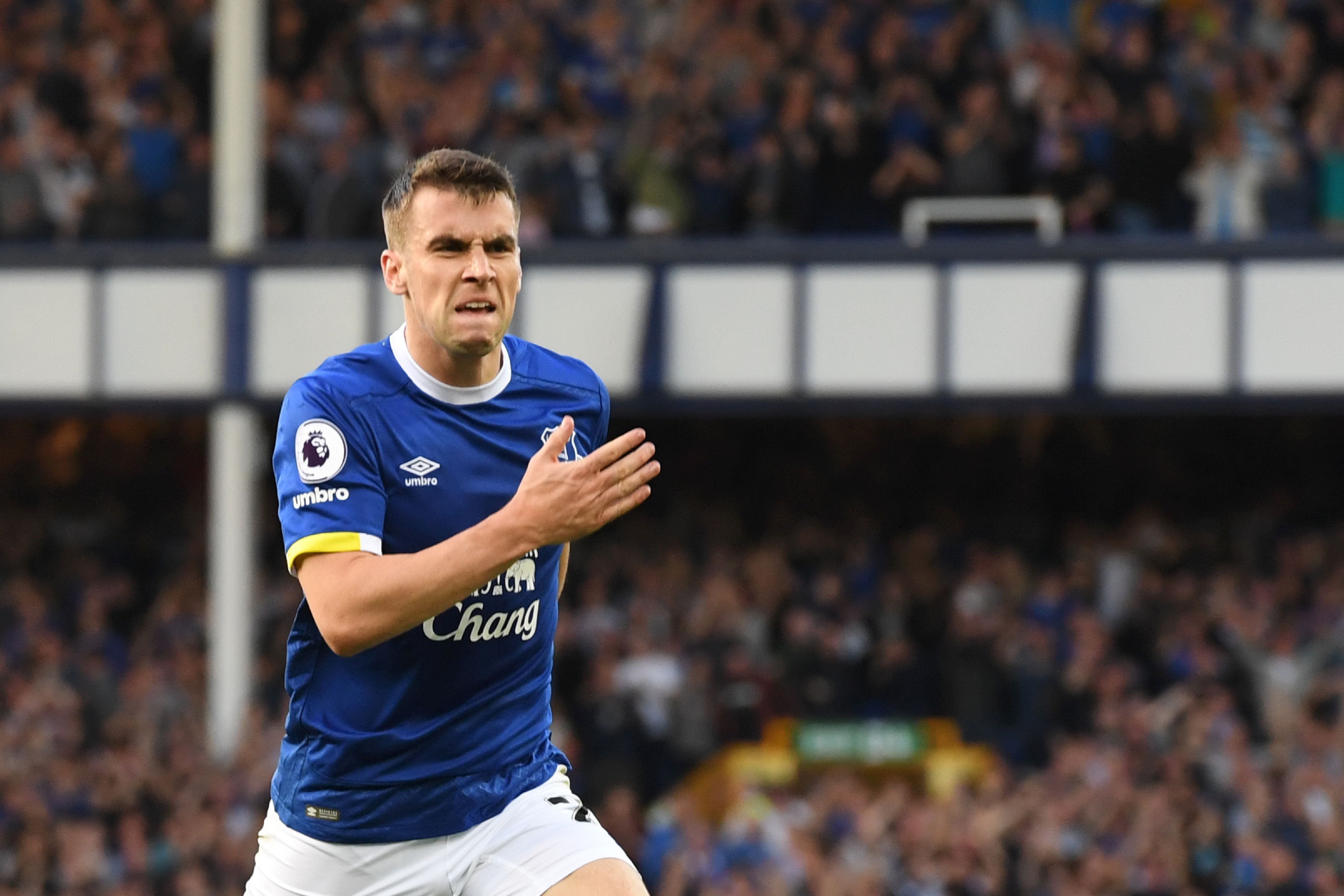 Everton's Irish defender Seamus Coleman celebrates after scoring during the English Premier League football match between Everton and Middlesbrough at Goodison Park in Liverpool, north west England on September 17, 2016. / AFP / ANTHONY DEVLIN / RESTRICTED TO EDITORIAL USE. No use with unauthorized audio, video, data, fixture lists, club/league logos or 'live' services. Online in-match use limited to 75 images, no video emulation. No use in betting, games or single club/league/player publications.  /         (Photo credit should read ANTHONY DEVLIN/AFP/Getty Images)