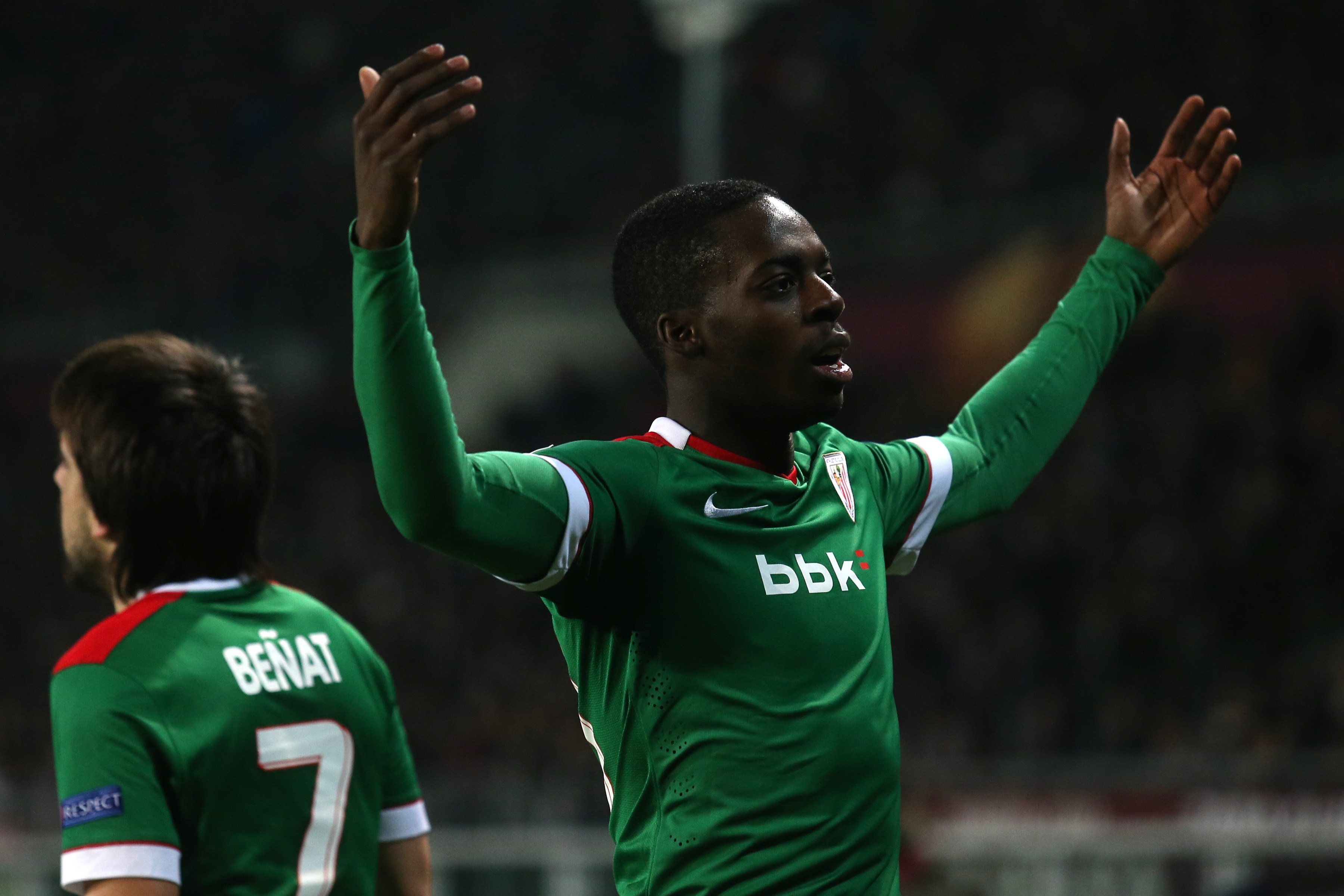 Athletic Bilbao's Spanish forward Inaki Williams celebrates after scoring during the UEFA Europe League round of 32 football match Torino Vs Athletic Bilbao on February 19, 2015 at the "Olympic Stadium" in Turin.  AFP PHOTO / MARCO BERTORELLO        (Photo credit should read MARCO BERTORELLO/AFP/Getty Images)
