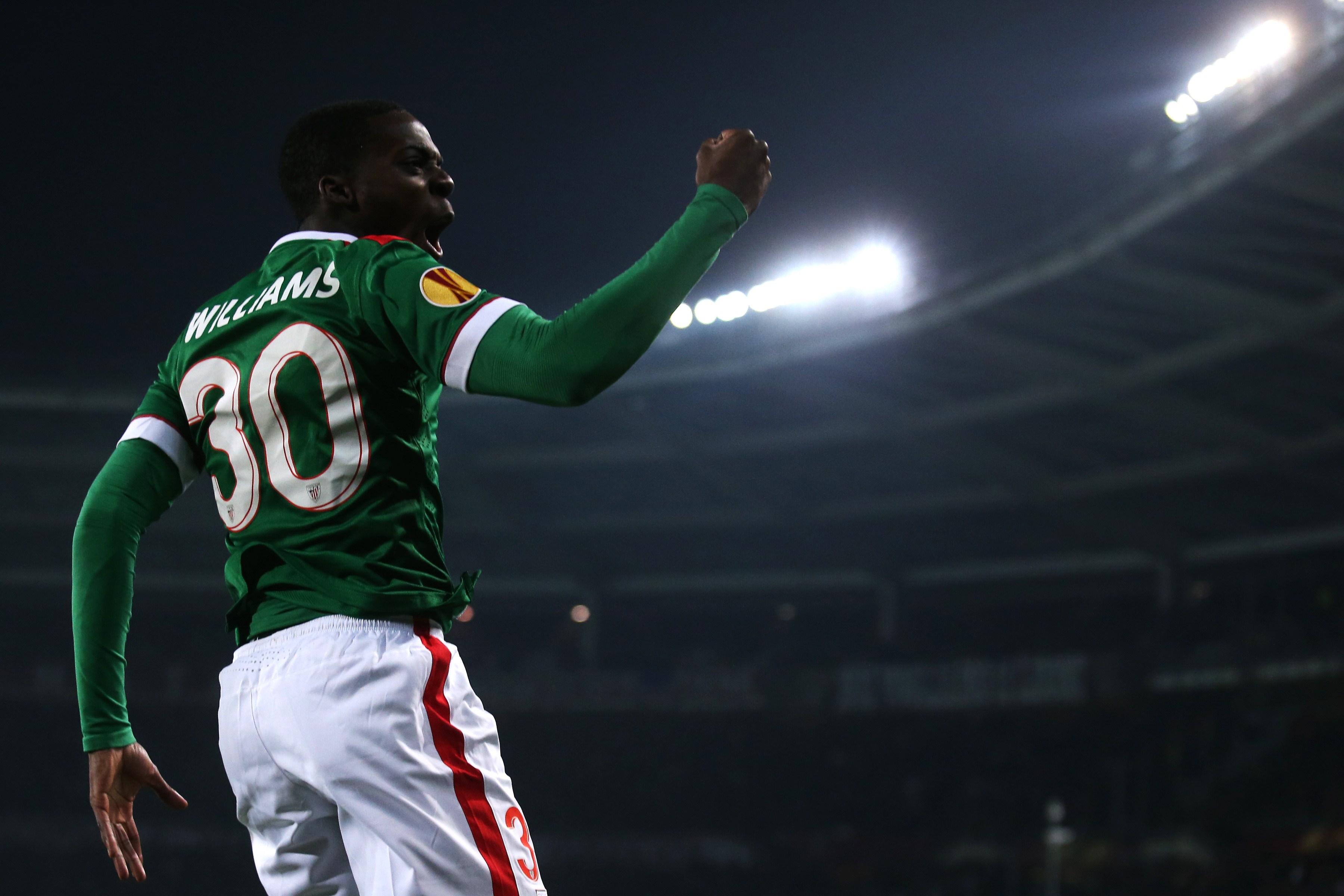 Athletic Bilbao's Spanish forward Inaki Williams celebrates after scoring during the UEFA Europe League round of 32 football match Torino Vs Athletic Bilbao on February 19, 2015 at the "Olympic Stadium" in Turin.  AFP PHOTO / MARCO BERTORELLO        (Photo credit should read MARCO BERTORELLO/AFP/Getty Images)