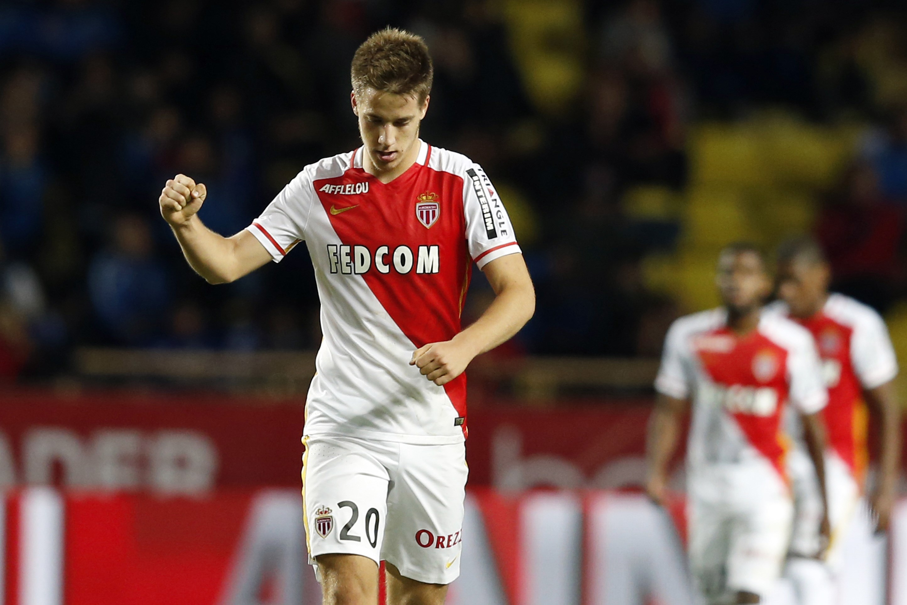 Monaco's Croatian midfielder Mario Pasalic celebrates after scoring a goal during the French L1 football match between Monaco (ASM) and Lyon (OL) on October 16, 2015 at the Louis II Stadium in Monaco.  AFP PHOTO / VALERY HACHE        (Photo credit should read VALERY HACHE/AFP/Getty Images)