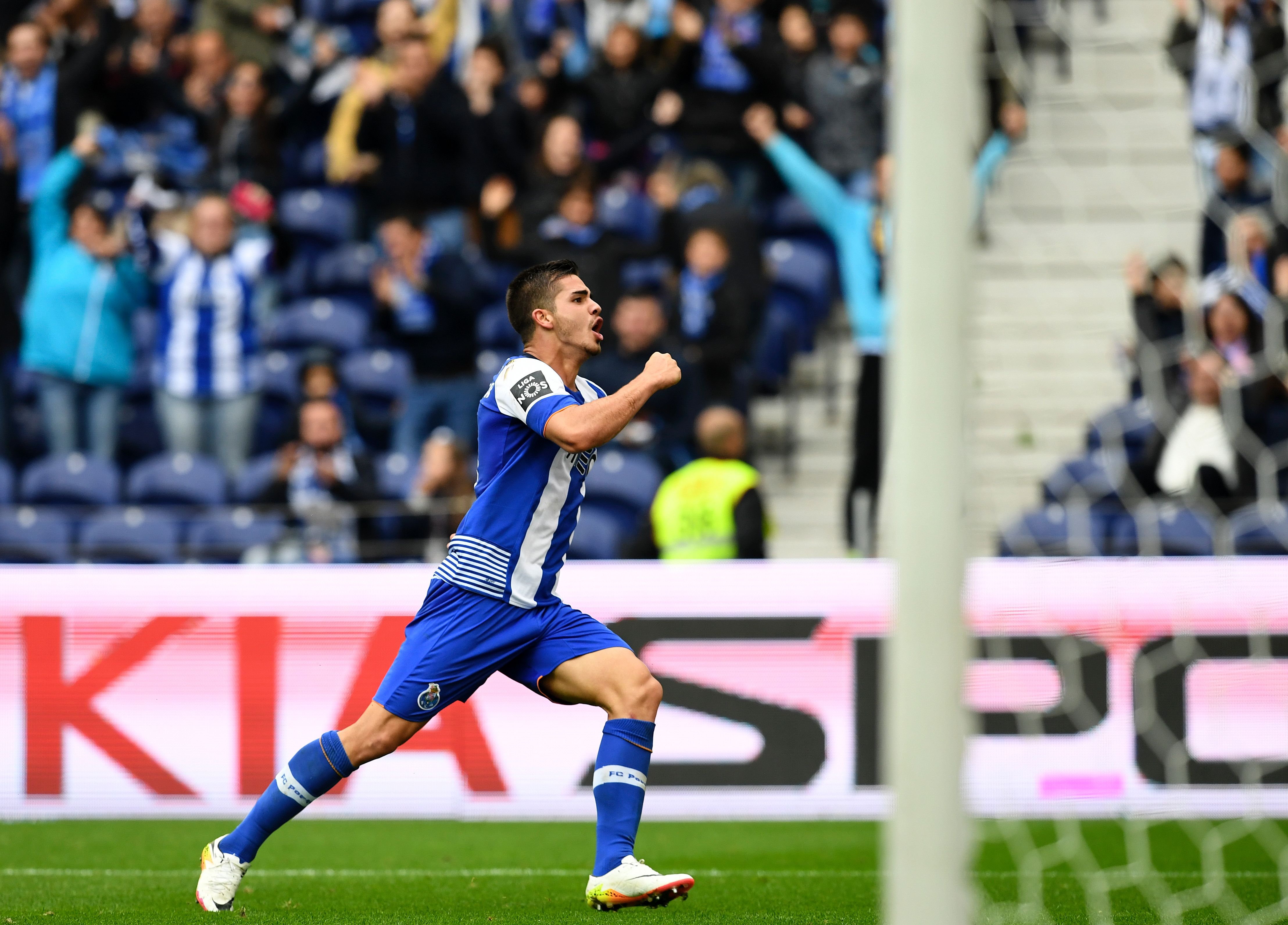 Porto's midfielder Andre Silva celebrates after scoring a goal during the Portuguese league football match FC Porto vs Boavista FC at the Dragao stadium in Porto on May 14, 2016. / AFP / FRANCISCO LEONG        (Photo credit should read FRANCISCO LEONG/AFP/Getty Images)