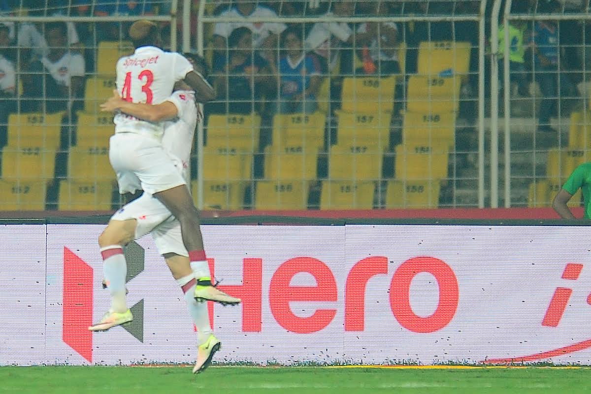 Richard Gadze of Delhi Dynamos FC celebrates the goal during match 27 of the Indian Super League (ISL) season 3 between FC Goa and Delhi Dynamos FC held at the Fatorda Stadium in Goa, India on the 30th October 2016.

Photo by Faheem Hussain / ISL / SPORTZPICS