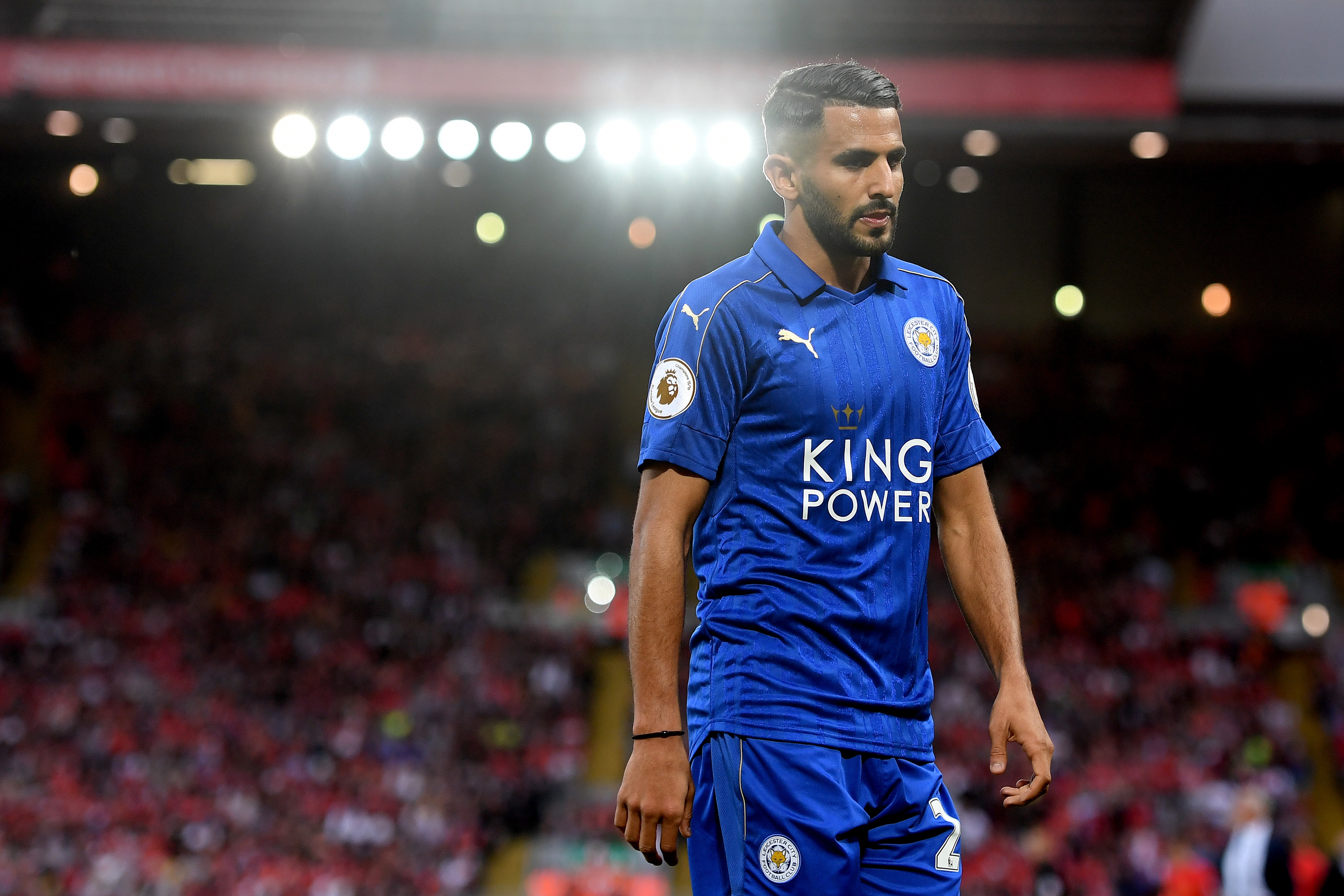 LIVERPOOL, ENGLAND - SEPTEMBER 10:  Riyad Mahrez of Leicester City looks on during the Premier League match between Liverpool and Leicester City at Anfield on September 10, 2016 in Liverpool, England.  (Photo by Michael Regan/Getty Images)