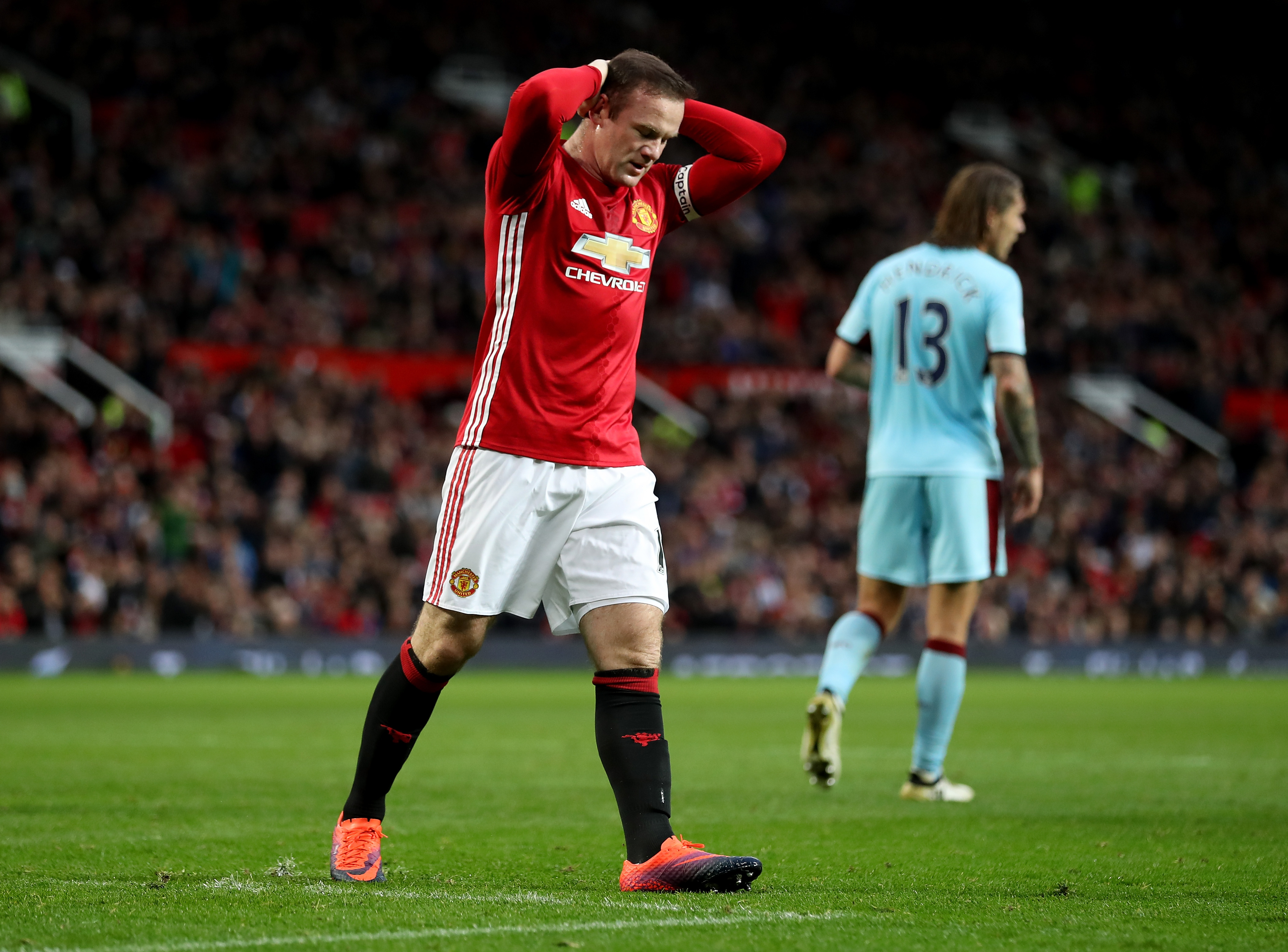 MANCHESTER, ENGLAND - OCTOBER 29: Wayne Rooney of Manchester United reacts during the Premier League match between Manchester United and Burnley at Old Trafford on October 29, 2016 in Manchester, England.  (Photo by Mark Robinson/Getty Images)