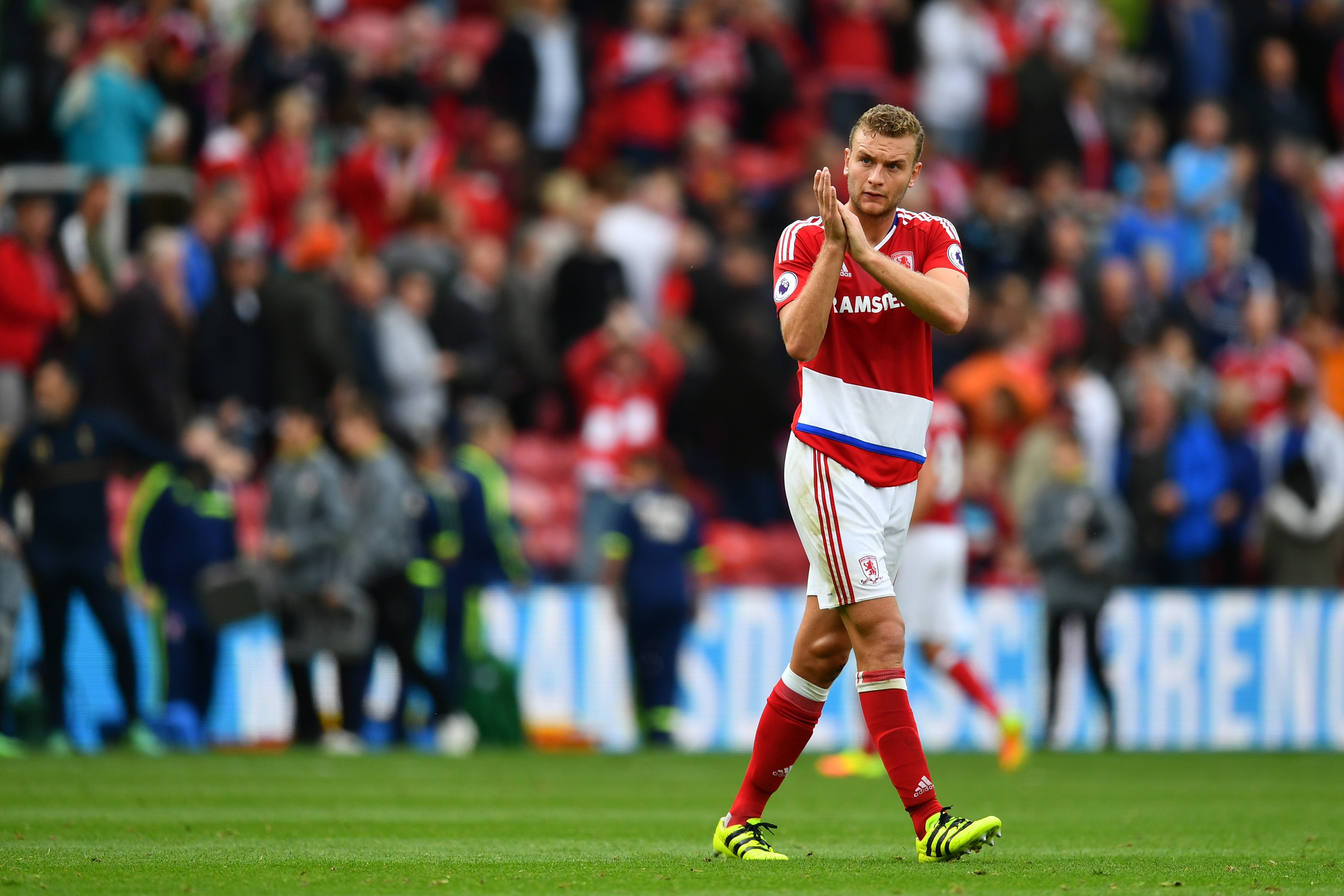 MIDDLESBROUGH, ENGLAND - SEPTEMBER 24:  Ben Gibson of Middlesbrough claps the fans after the game during the Premier League match between Middlesbrough and Tottenham Hotspur at the Riverside Stadium on September 24, 2016 in Middlesbrough, England.  (Photo by Dan Mullan/Getty Images)