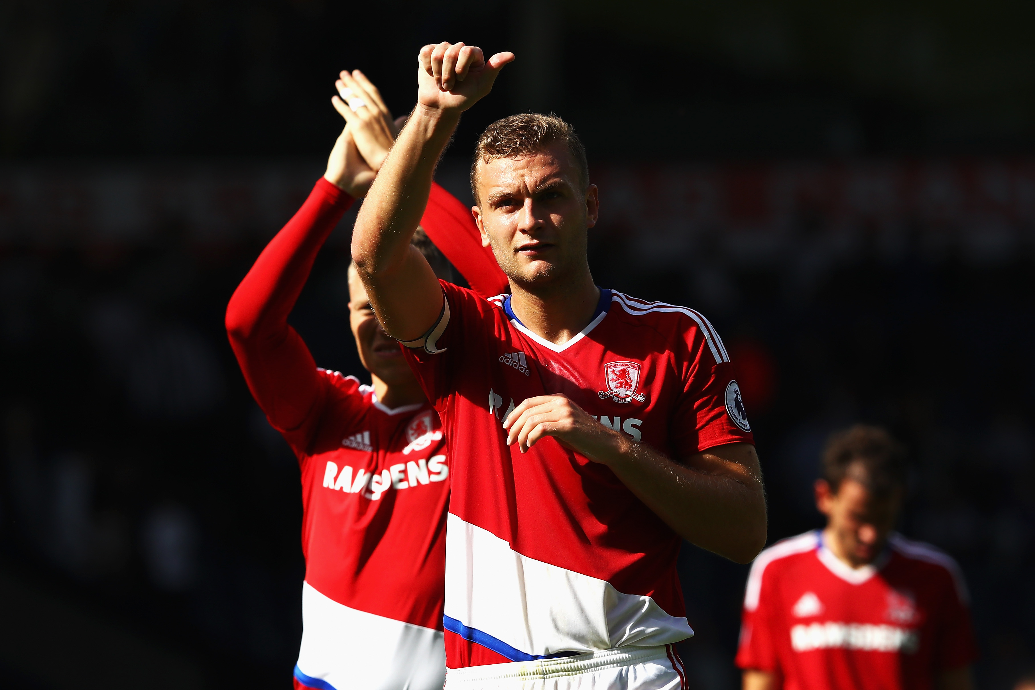 WEST BROMWICH, ENGLAND - AUGUST 28: Ben Gibson of Middlesbrough salutes the fans after the Premier League match between West Bromwich Albion and Middlesbrough at The Hawthorns on August 28, 2016 in West Bromwich, England.  (Picture Courtesy - Michael Steele/Getty Images)