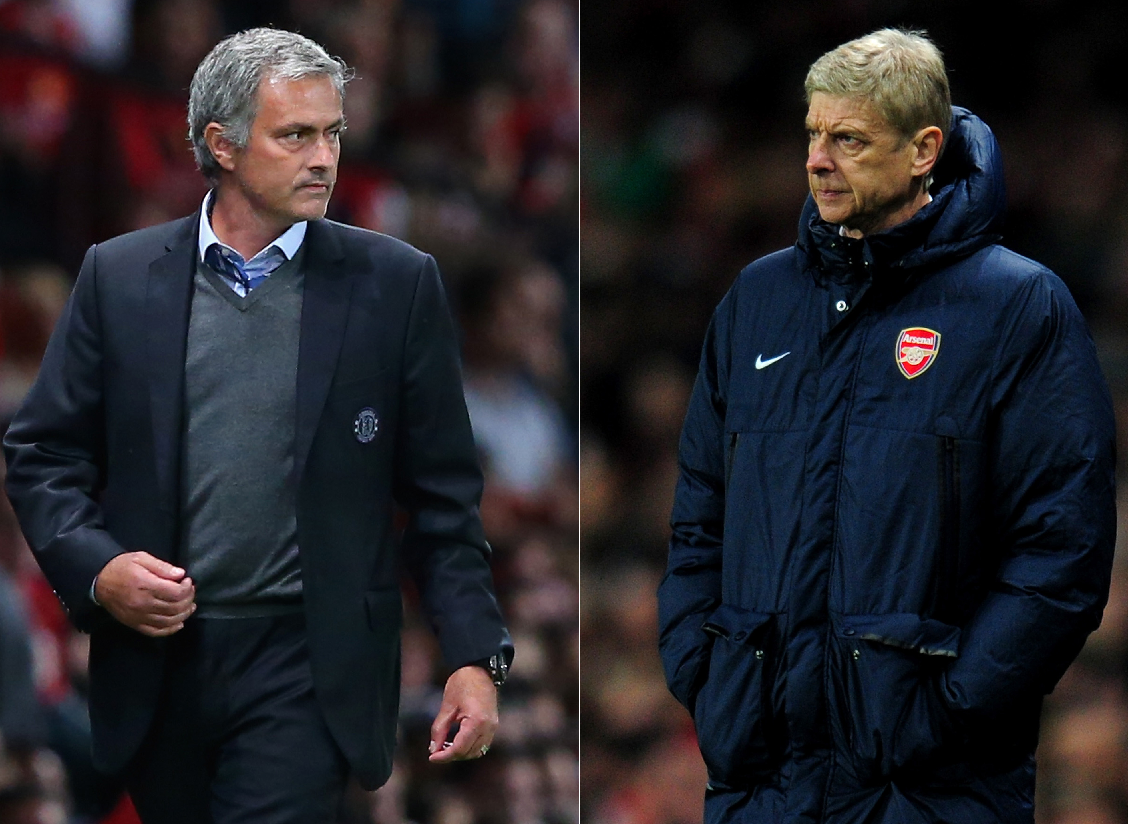 (FILE PHOTO - EDITORS NOTE: COMPOSITE OF TWO IMAGES - Image Numbers 177996036 (L) and 452339145) In this composite image a comparison has been made between Chelsea Manager Jose Mourinho (L) and Arsenal Manager Arsene Wenger. The Premier League match between Arsenal and Chelsea takes place on December 23, 2013 at the Emirates Stadium, London, England. ***LEFT IMAGE*** MANCHESTER, ENGLAND - AUGUST 26: Chelsea Manager Jose Mourinho looks on during the Barclays Premier League match between Manchester United and Chelsea at Old Trafford on August 26, 2013 in Manchester, England. (Photo by Alex Livesey/Getty Images) ***RIGHT IMAGE*** LONDON, ENGLAND - NOVEMBER 26: Manager Arsene Wenger of Arsenal looks on during the UEFA Champions League Group F match between Arsenal and Olympique de Marseille at Emirates Stadium on November 26, 2013 in London, England. (Photo by Shaun Botterill/Getty Images)