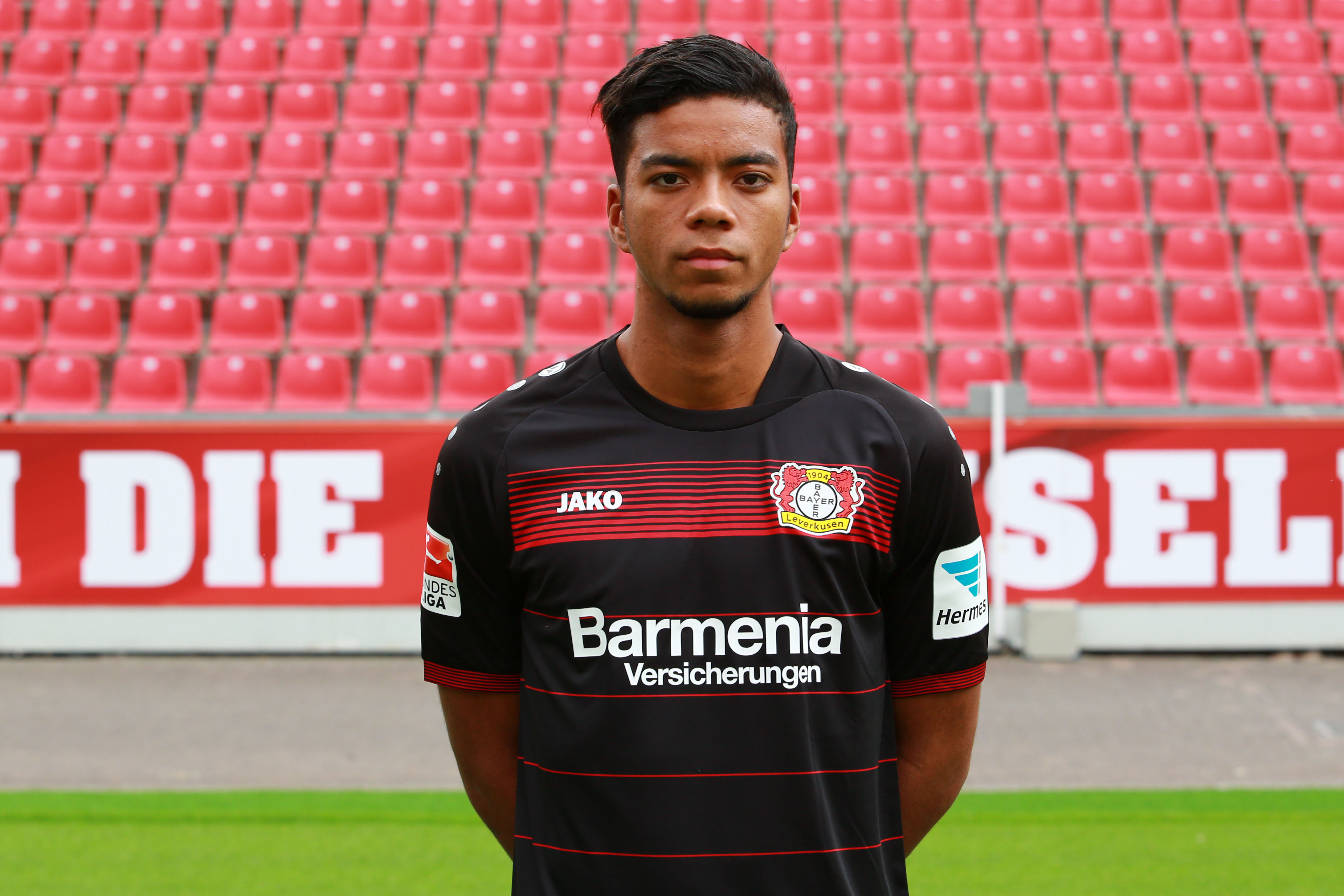 LEVERKUSEN, GERMANY - JULY 25: Benjamin Henrichs poses during the official team presentation of Bayer Leverkusen at BayArena on July 25, 2016 in Leverkusen, Germany.  (Photo by Ulrich Hufnagel via Joachim Sielski/Bongarts/Getty Images)