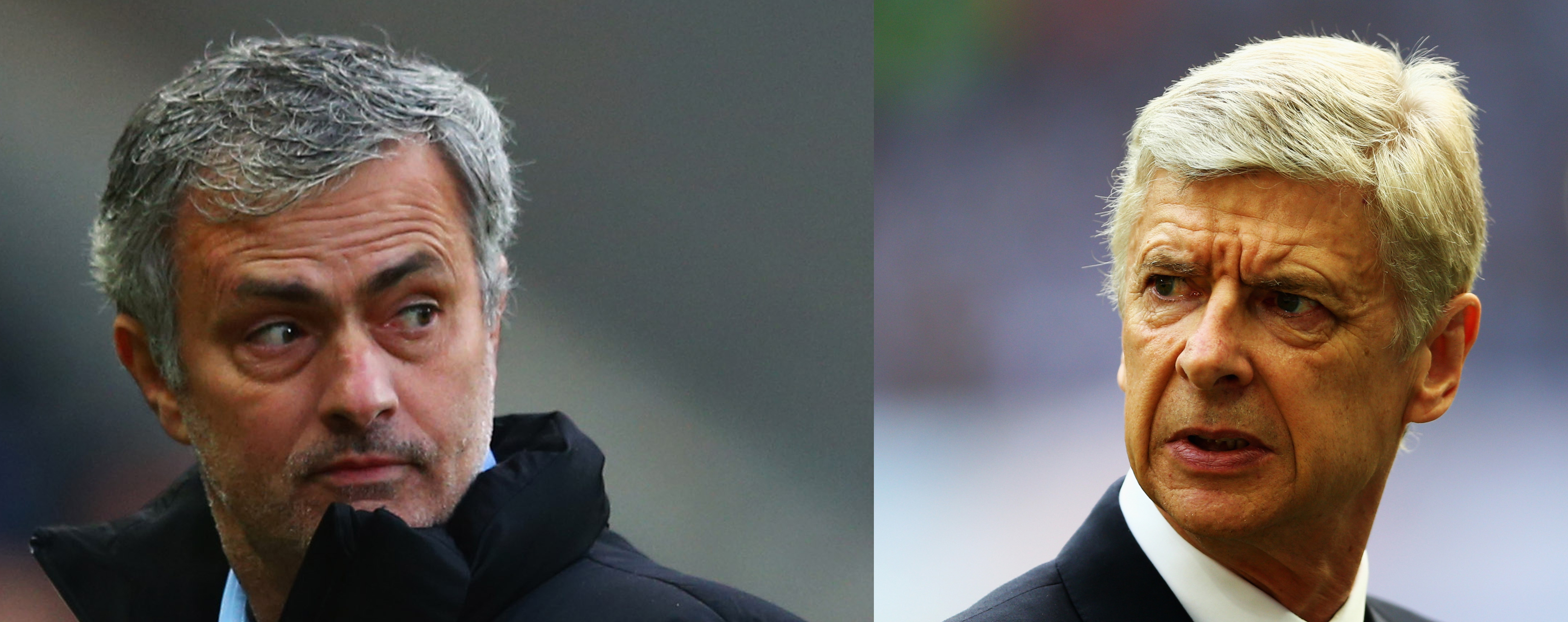 (FILE PHOTO - Image Numbers 467249794 (L) and 475265162) In this composite image a comparison has been made between Jose Mourinho manager of Chelsea and Arsene Wenger manager of Arsenal , Chelsea and Arsenal meet in the season opening match the FA Community Shield at Wembley Stadium on August 2, 2015 in London,England. Traditionally the match is between the Premier League Champions and the FA Cup Winners of the previous season. ***LEFT IMAGE*** HULL, ENGLAND - MARCH 22: Jose Mourinho manager of Chelsea looks thoughtful during the Barclays Premier League match between Hull City and Chelsea at KC Stadium on March 22, 2015 in Hull, England. (Photo by Matthew Lewis/Getty Images) ***RIGHT IMAGE***  LONDON, ENGLAND - MAY 30: Arsene Wenger manager of Arsenal looks on prior to during the FA Cup Final between Aston Villa and Arsenal at Wembley Stadium on May 30, 2015 in London, England. (Photo by Paul Gilham/Getty Images)