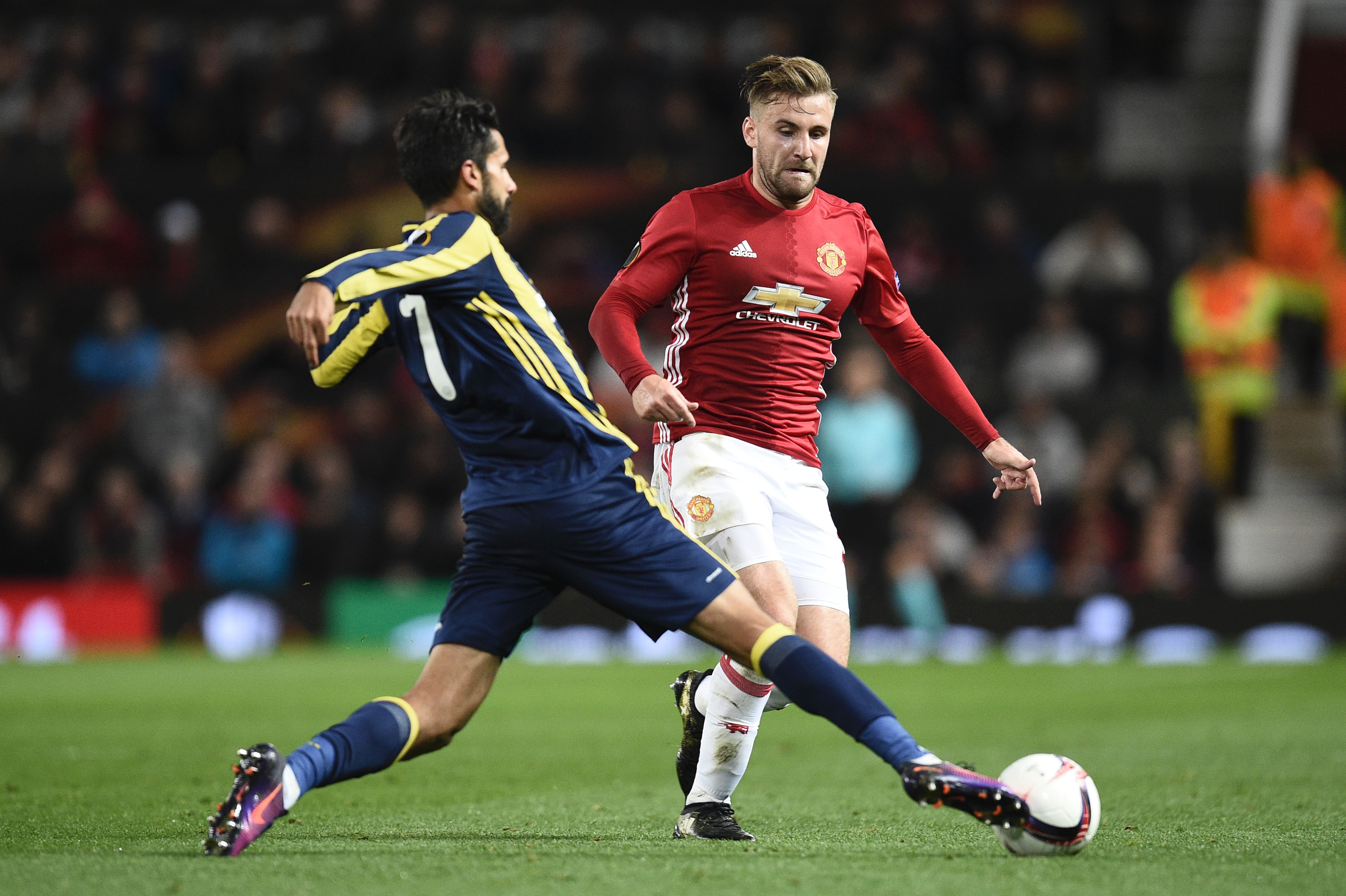 Shaw looked completely out of sorts against Fenerbahce, with the Turks dictating play down his left wing.(Photo by Oli Scarff/AFP/Getty Images)