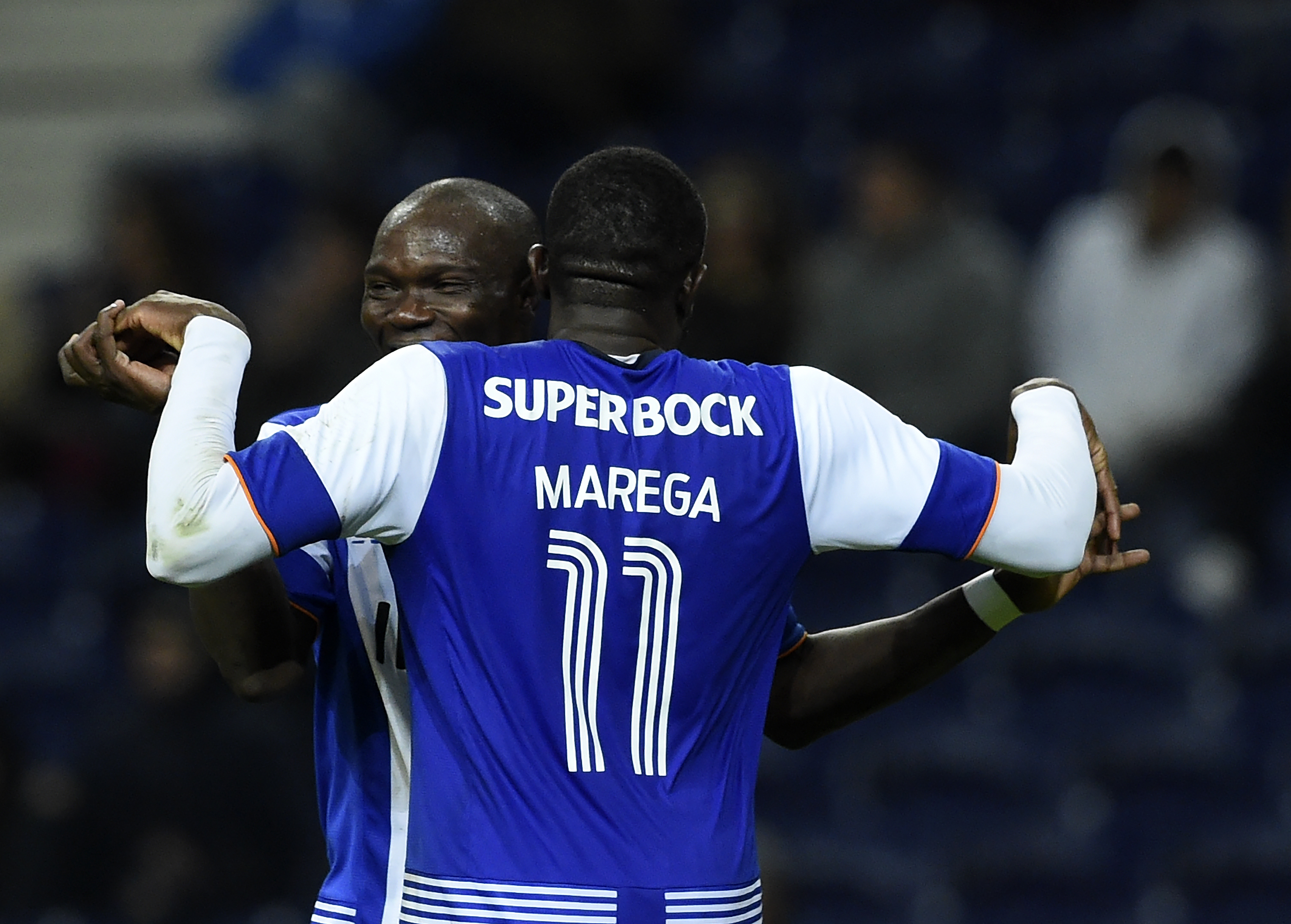 Porto's Malian forward Moussa Marega (R) celebrates a goal with teammate Cameroonian forward Vincent Aboubakar during the second-leg semi-final Portugal Cup FC Porto vs Gil Vicente football match at the Dragao stadium in Porto on March 02, 2016.      / AFP / FRANCISCO LEONG        (Photo credit should read FRANCISCO LEONG/AFP/Getty Images)