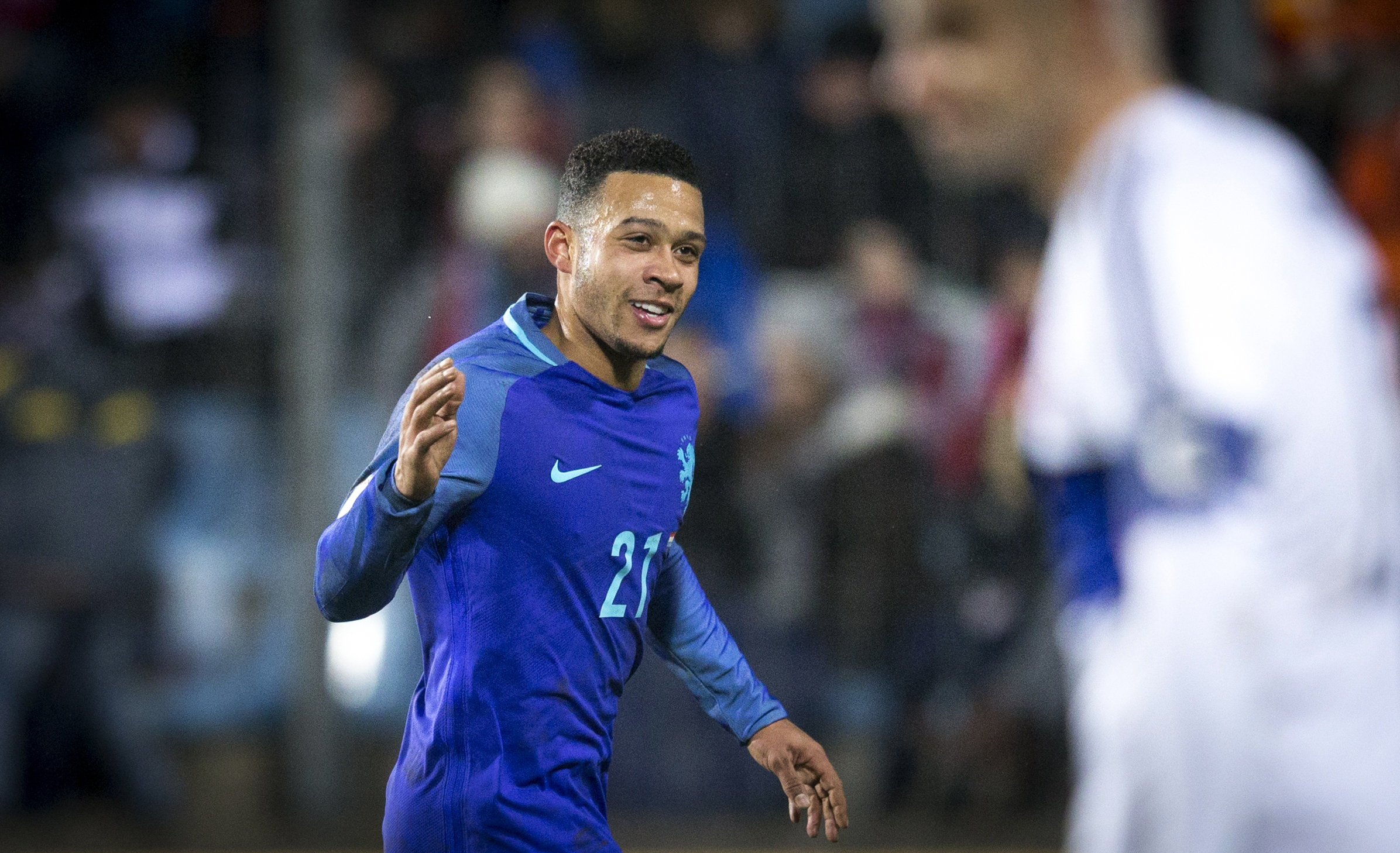 Netherlands' midfielder Memphis Depay celebrates after scoring a goal during the 2018 FIFA World Cup European zone group A qualifying football match between Luxembourg and Netherlands at the Josy Barthel stadium in Luxembourg on November 13, 2016. / AFP / ANP / Jerry Lampen / Netherlands OUT        (Photo credit should read JERRY LAMPEN/AFP/Getty Images)