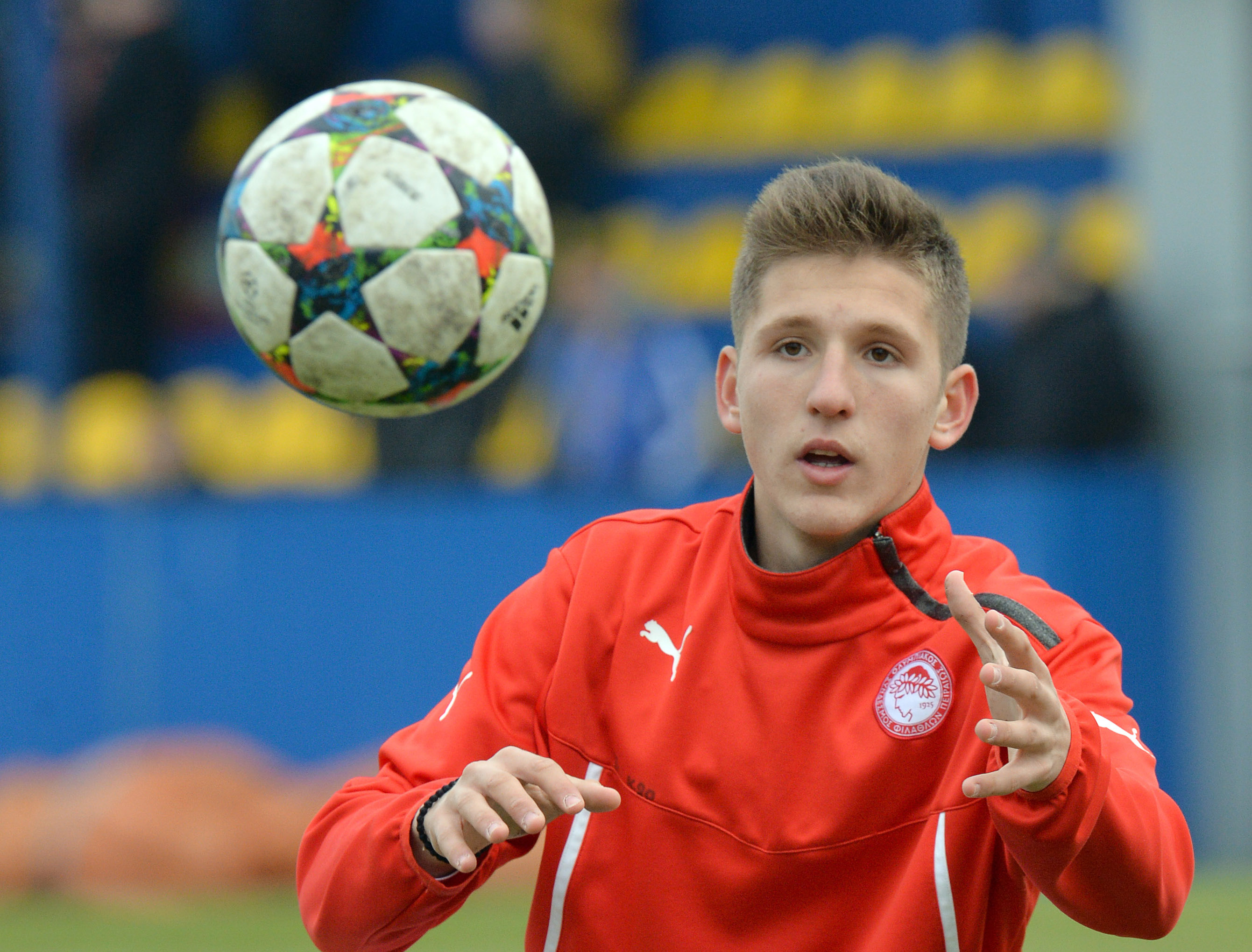 KIEV,UKRAINE - FEBRUARY 23: Panagiotis Retsos of FC Olympiacos in action during the UEFA Youth League Round of 16 match between FC Shakhtar Donetsk and FC Olympiacos at the FFU Training Complex on February 23, 2015 in Kiev,Ukraine. (Photo by Genya Savilov/EuroFootball/Getty Images)