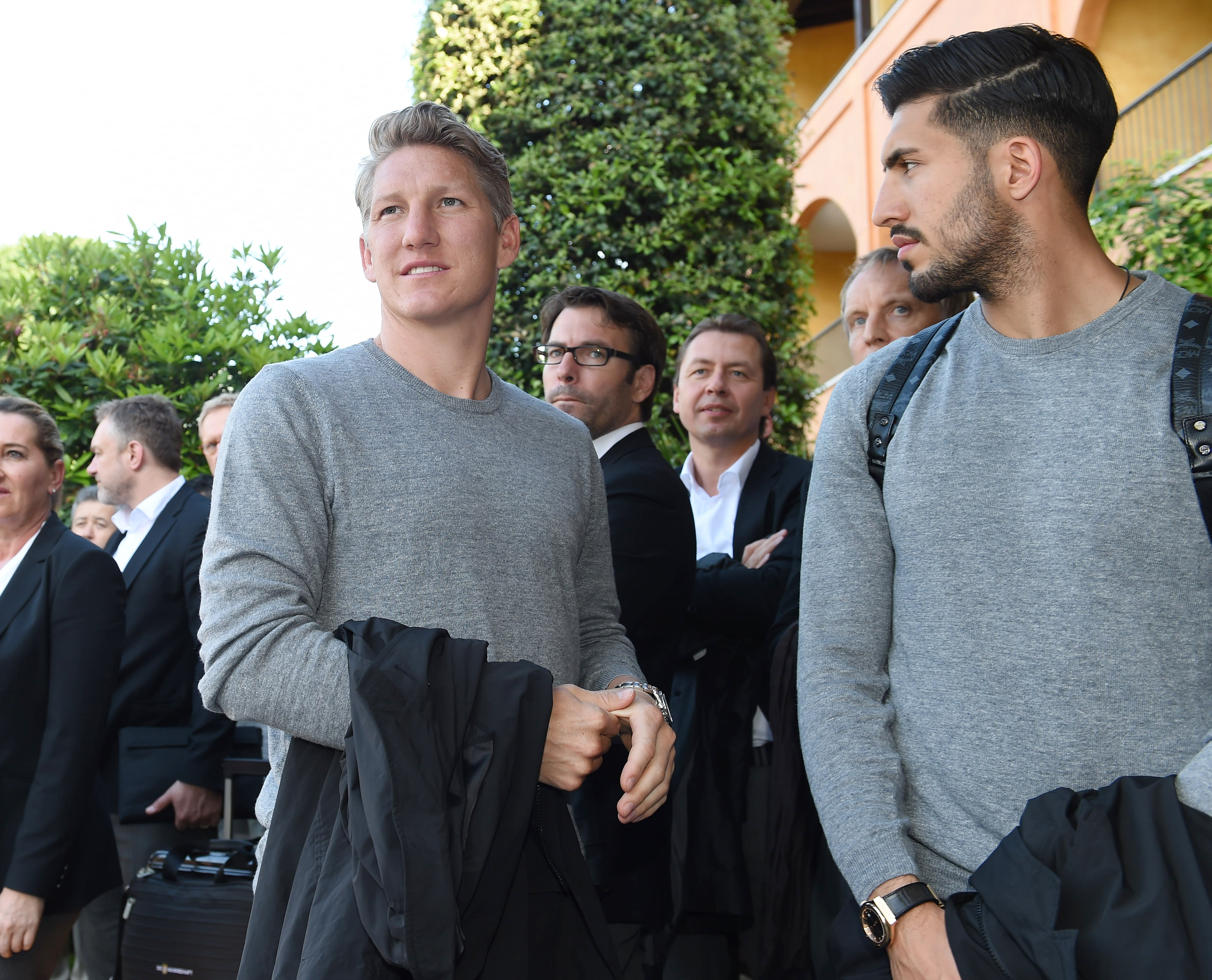 ASCONA, SWITZERLAND - MAY 24:  Bastian Schweinsteiger and Emre Can of Germany arrives with the German national football team, ahead their EURO 2016 training camp, at Hotel Giardino on May 24, 2016 in Ascona, Switzerland.  (Photo by Markus Gilliar-Pool/Bongarts/Getty Images)