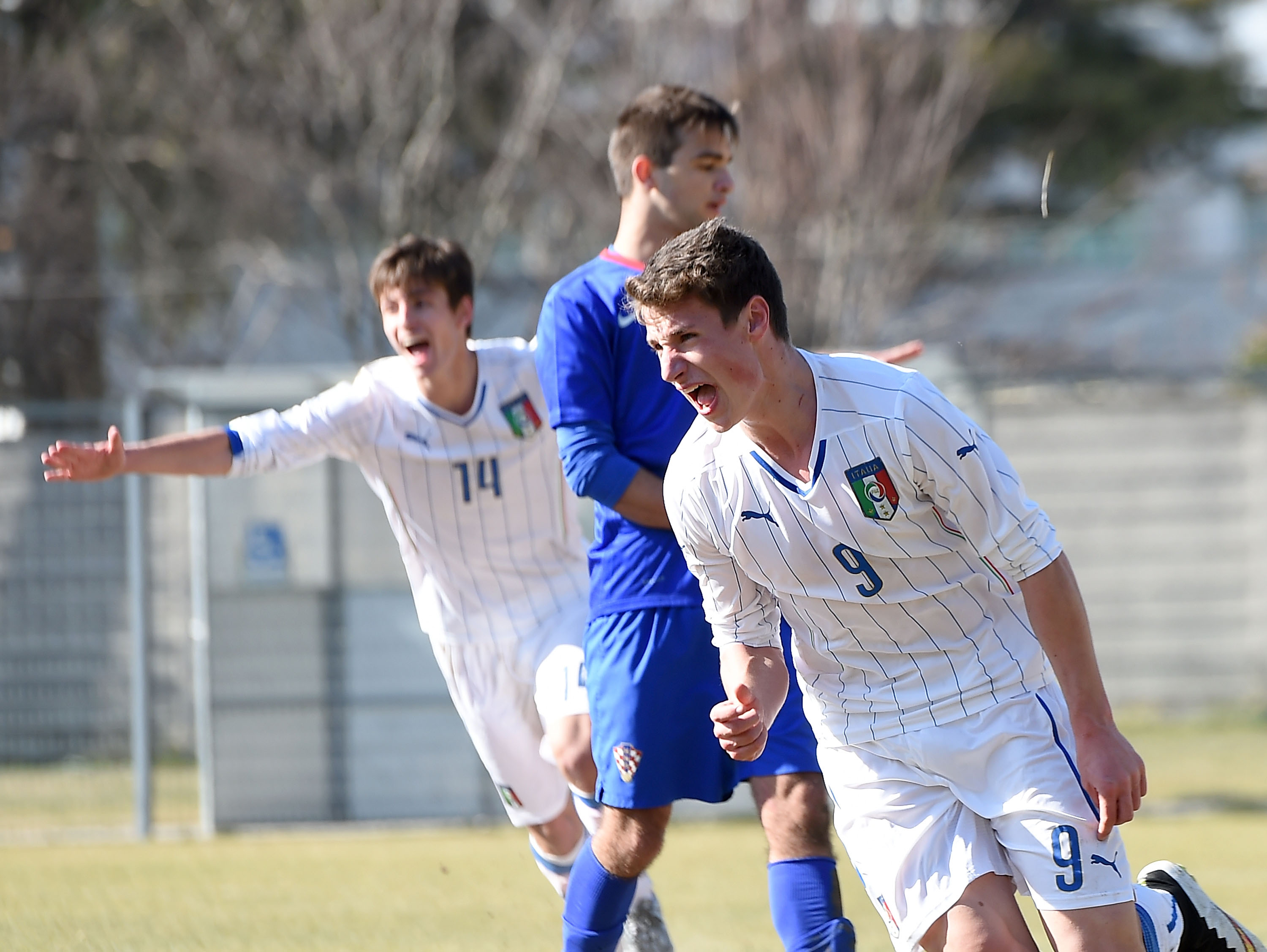 MONFALCONE, ITALY - FEBRUARY 19:  Andrea Pinamonti of Italy celebrates after scoring the goal 2-0 during the international friendly match between Italy U16 and Croatia U16 on February 19, 2015 in Monfalcone, Italy.  (Photo by Giuseppe Bellini/Getty Images)