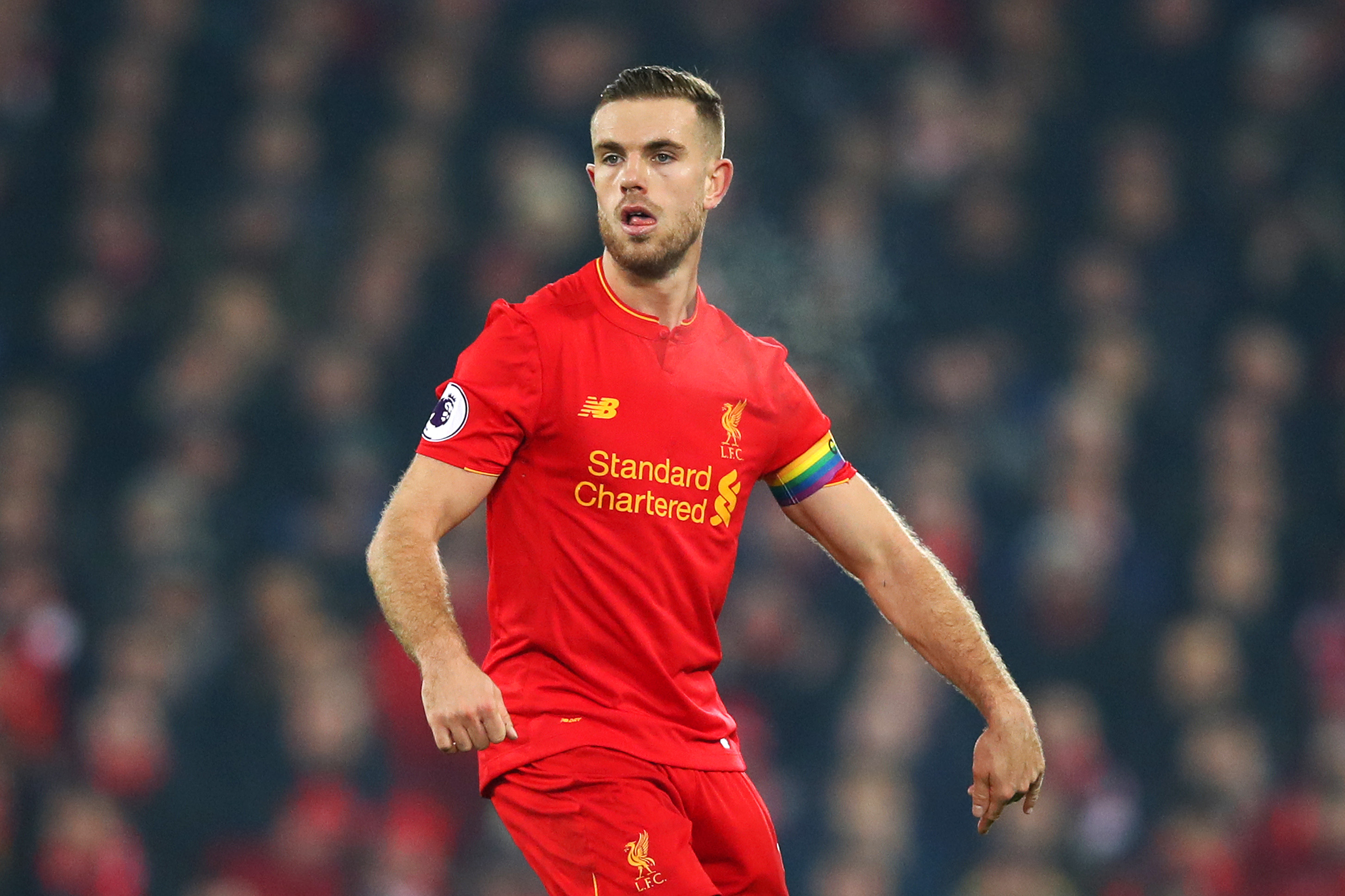 LIVERPOOL, ENGLAND - NOVEMBER 26:  Jordan Henderson of Liverpool in action during the Premier League match between Liverpool and Sunderland at Anfield on November 26, 2016 in Liverpool, England.  (Photo by Clive Brunskill/Getty Images)