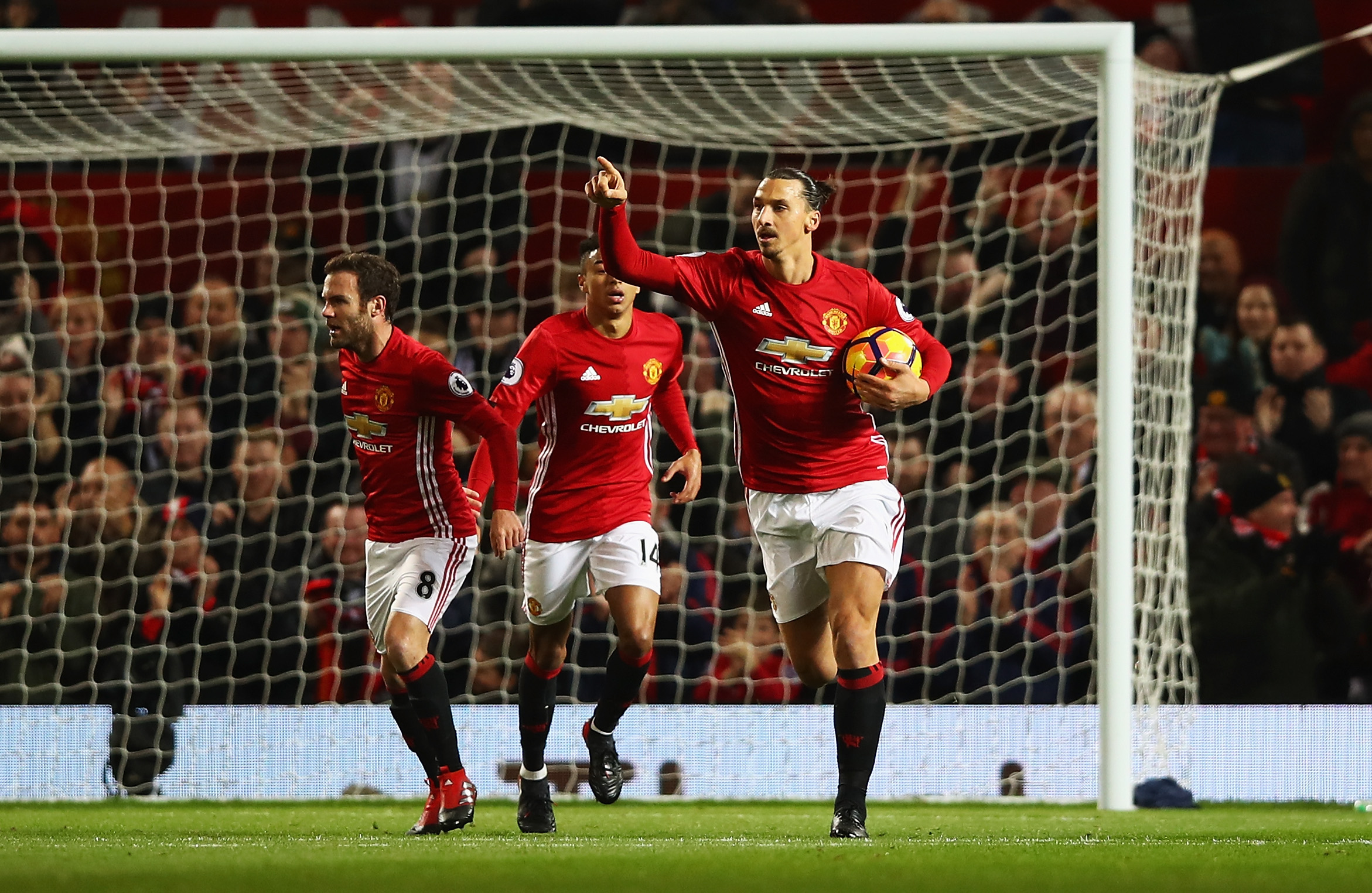 MANCHESTER, ENGLAND - NOVEMBER 27: Zlatan Ibrahimovic of Manchester United celebrates scoring his sides first goal during the Premier League match between Manchester United and West Ham United at Old Trafford on November 27, 2016 in Manchester, England.  (Photo by Clive Brunskill/Getty Images)