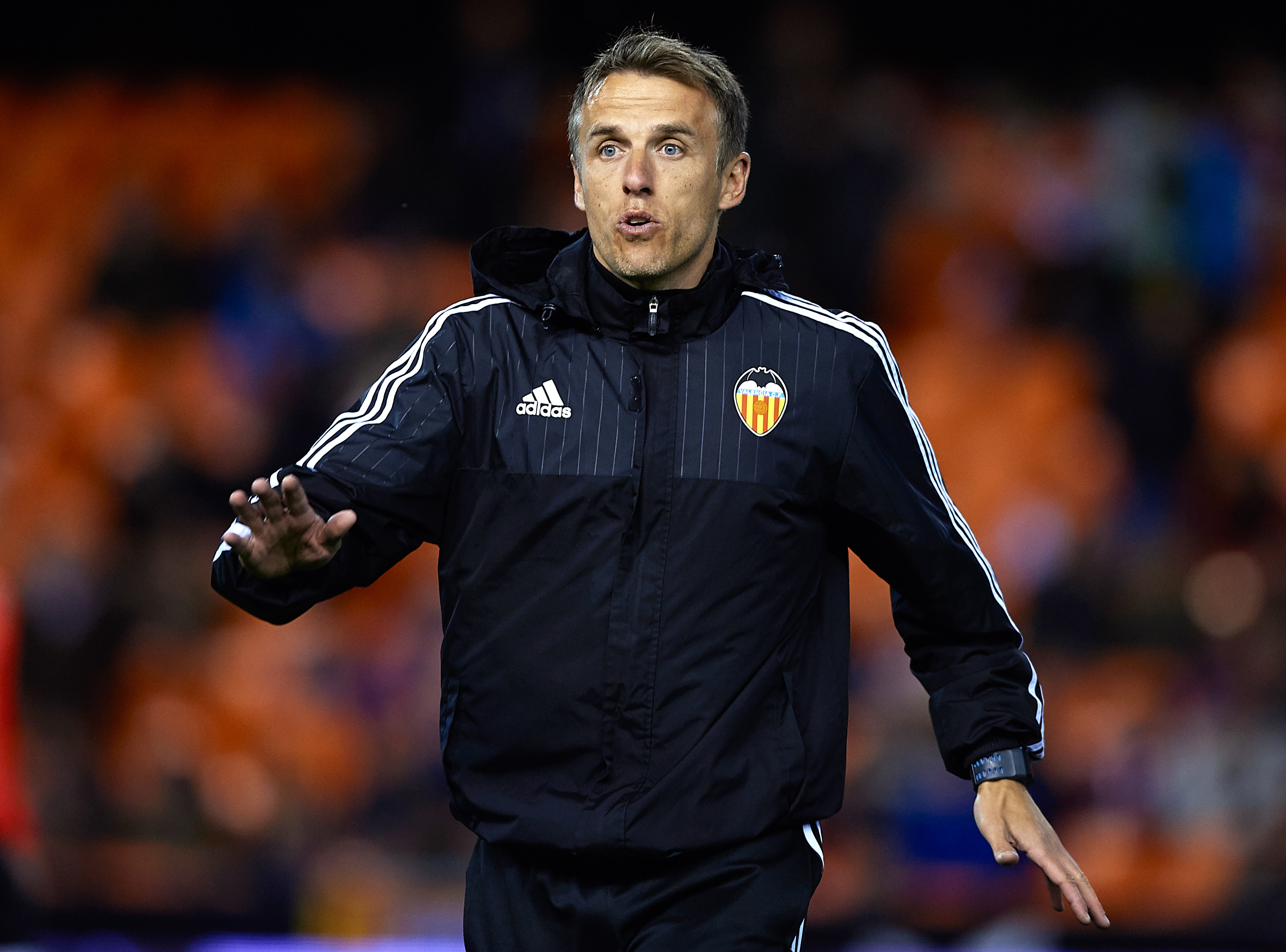 VALENCIA, SPAIN - MARCH 06:  Valencia CF assistant coach Phil Neville gives instructions prior to the La Liga match between Valencia CF and Atletico de Madrid at Estadi de Mestalla on March 06, 2016 in Valencia, Spain.  (Photo by Manuel Queimadelos Alonso/Getty Images)