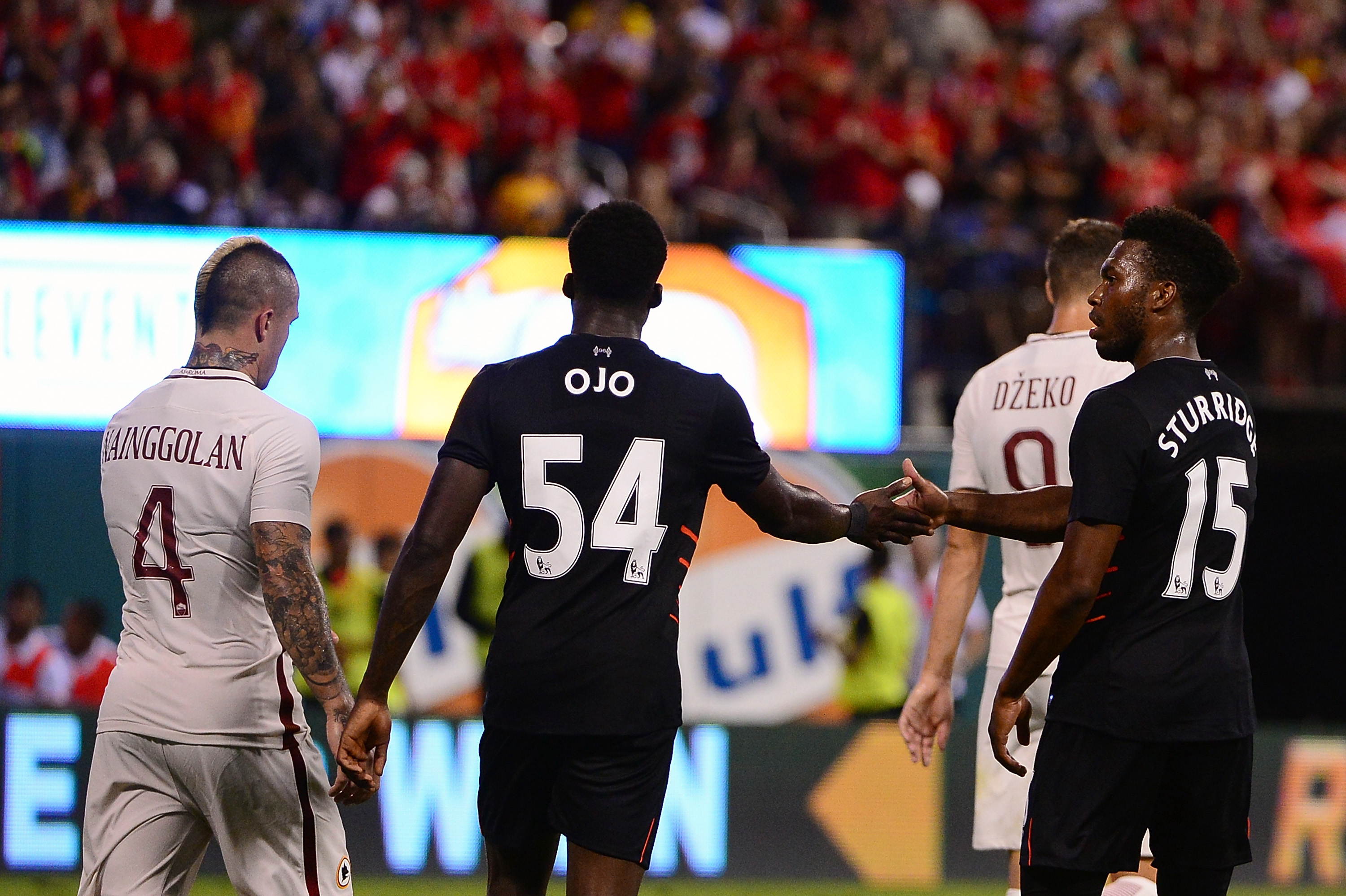 ST LOUIS, MO - AUGUST 01: Sheyi Ojo #54 of Liverpool FC is congratulated on his goal by Daniel Sturridge #15 during a friendly match against AS Roma at Busch Stadium on August 1, 2016 in St Louis, Missouri. AC Roma won 2-1. (Photo by Jeff Curry/Getty Images)