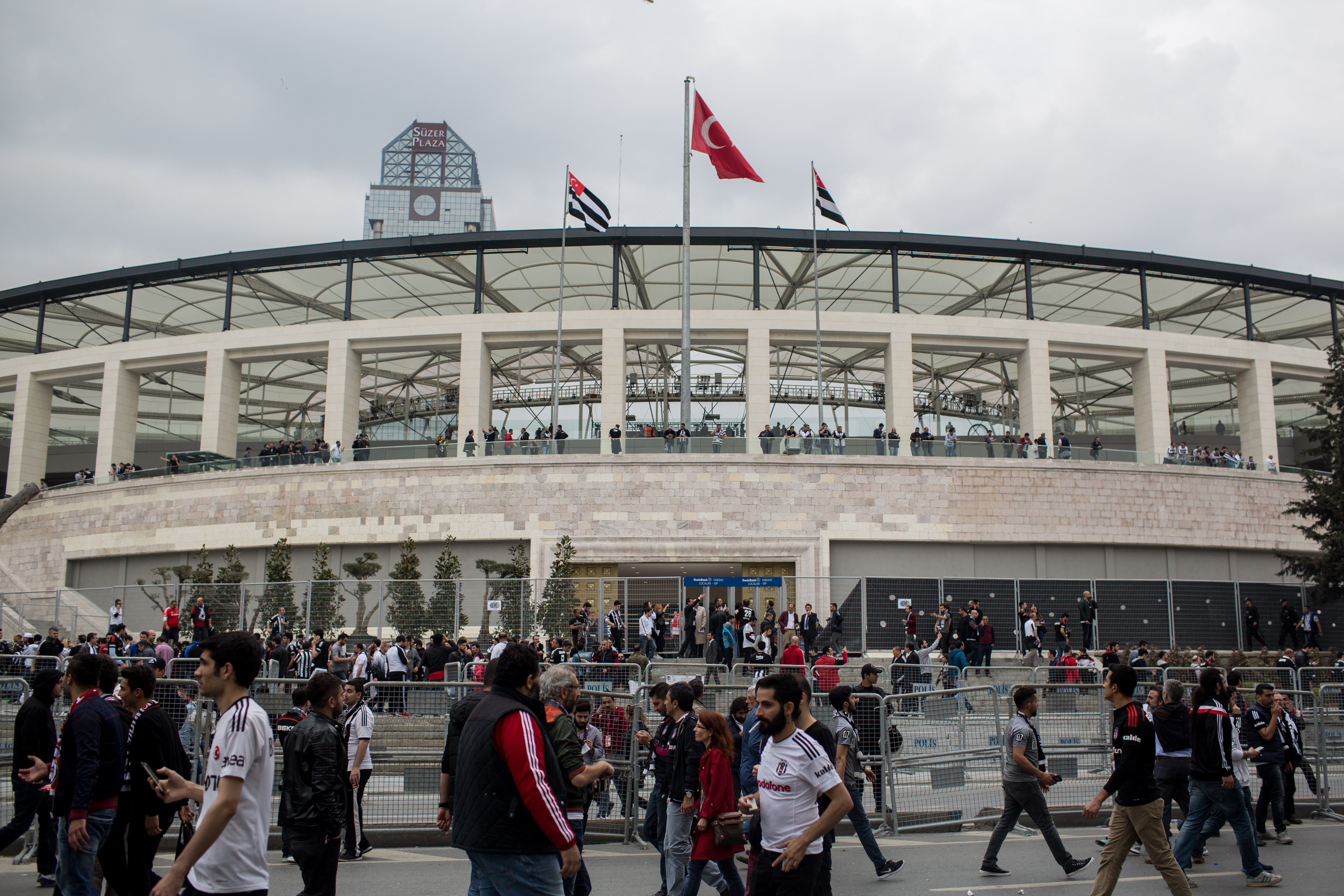 ISTANBUL, TURKEY - APRIL 11:  Besiktas fans arrive for the opening match of the new Vodafone Arena between Besiktas and Bursaspor on April 11, 2016 in Istanbul, Turkey.  The new multi-purpose stadium has an approximate capacity of 42,000 and took more than two years to construct at an estimated cost of 80 million USD. The stadium was built on the site of the old BJK Inonu Stadium and will be the home field for Turkey's leading football team the Besiktas J.K.  (Photo by Chris McGrath/Getty Images)